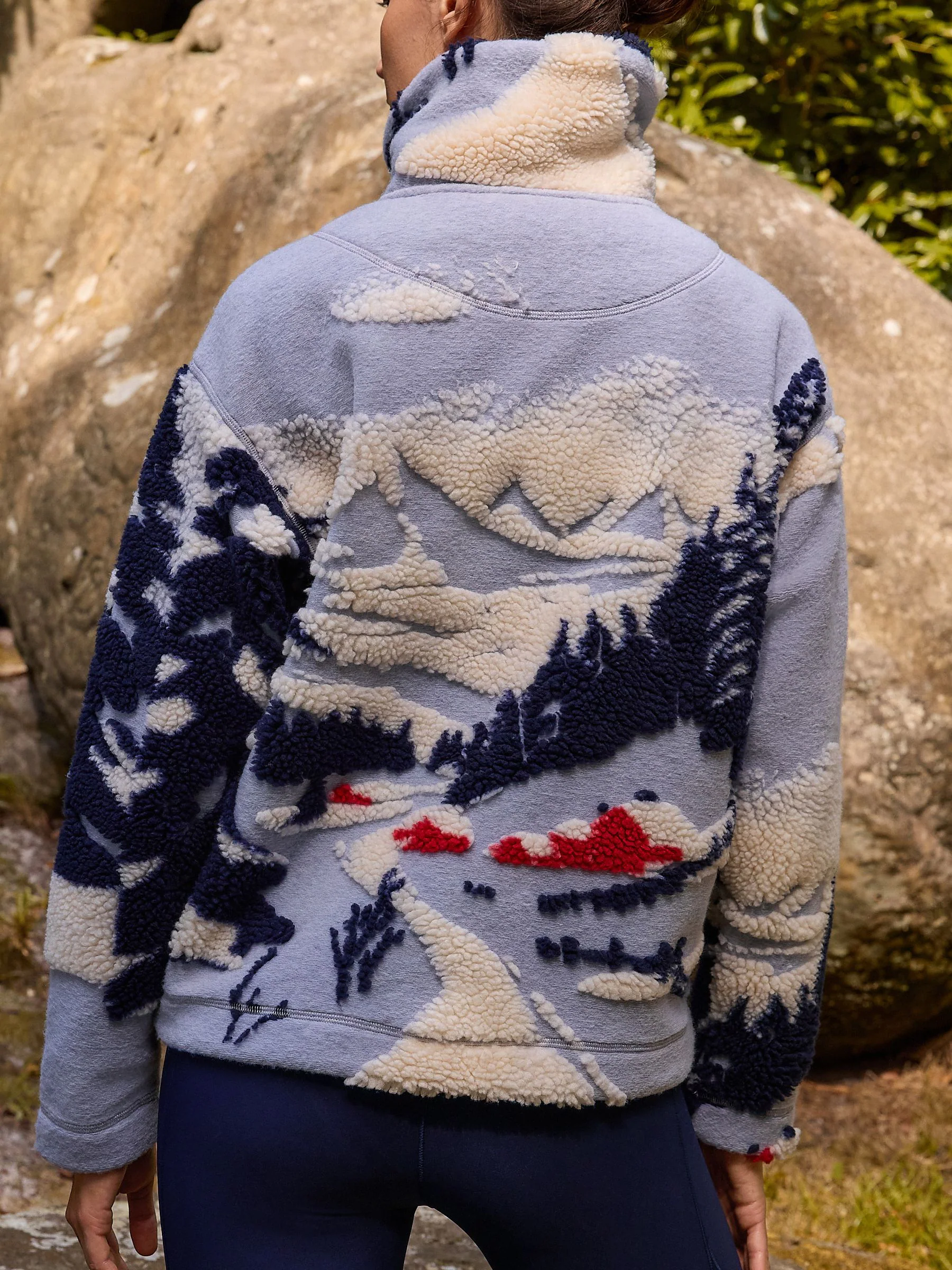 Blue Graphic Winter Scenic Soft Touch Cosy Teddy Borg Quarter Zip Fleece