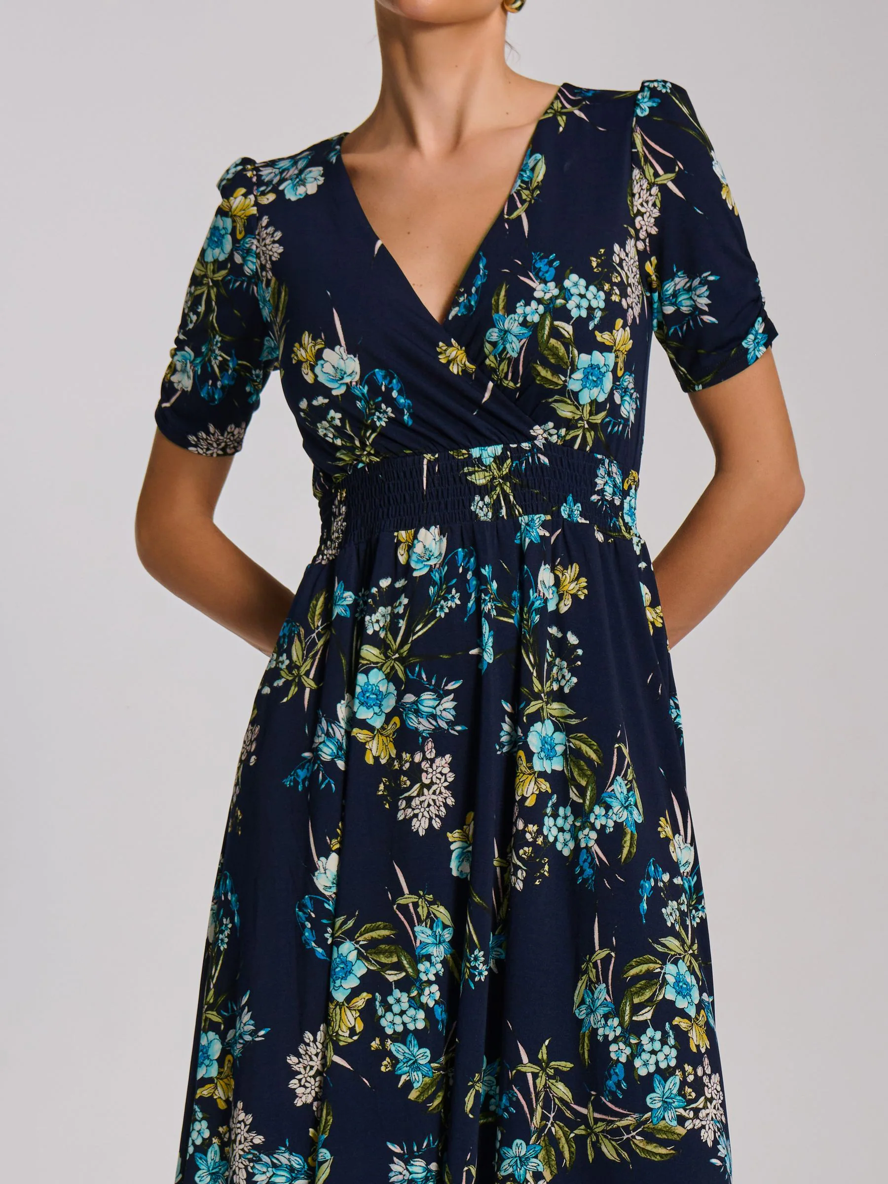 Jolie Moi Navy Floral Short Sleeve Printed Jersey Midi Dress