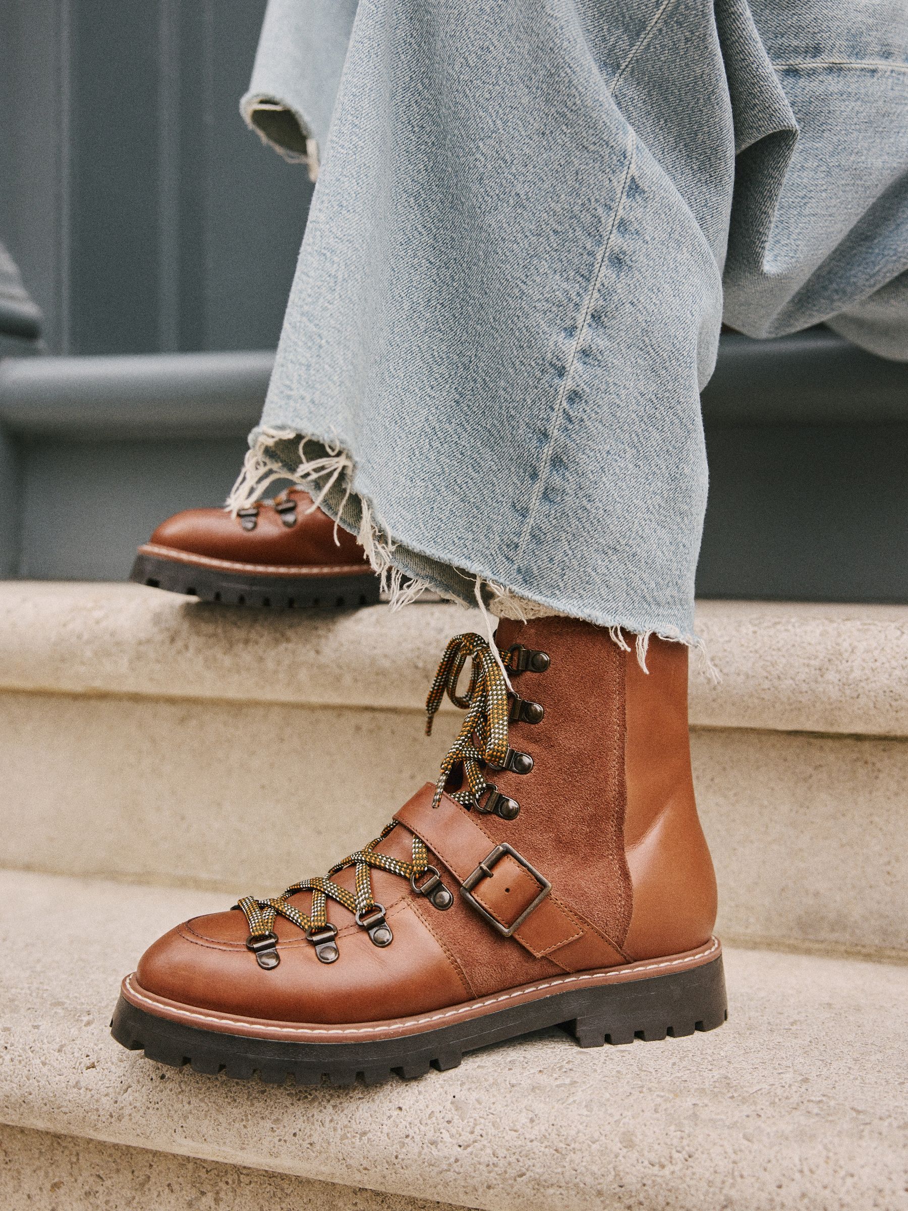 Tan Brown Leather Forever Comfort® Buckle Trim Lace Up Boots