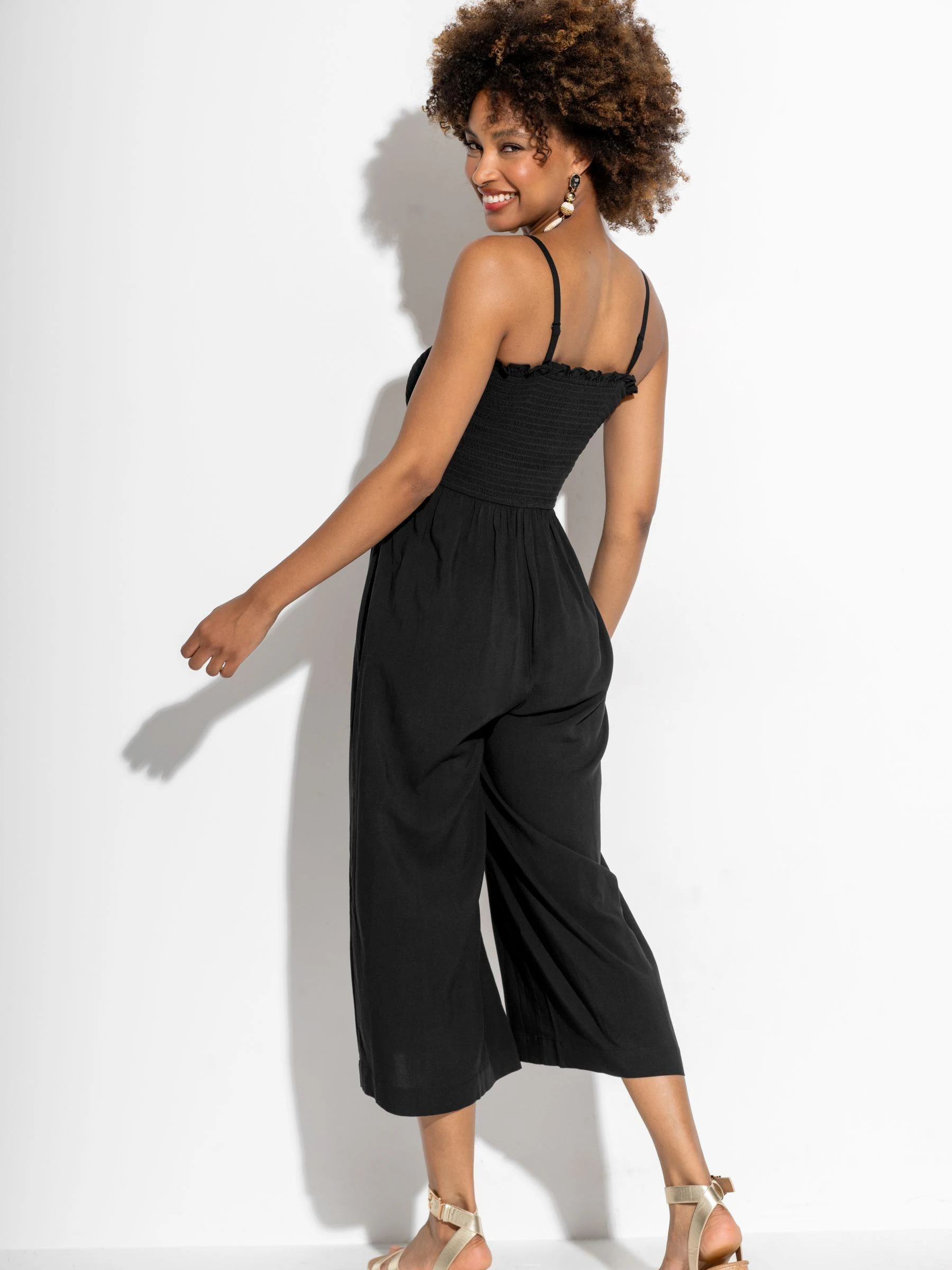Pour Moi Dark Black Strapless Shirred Bodice Crop Leg Beach Jumpsuit