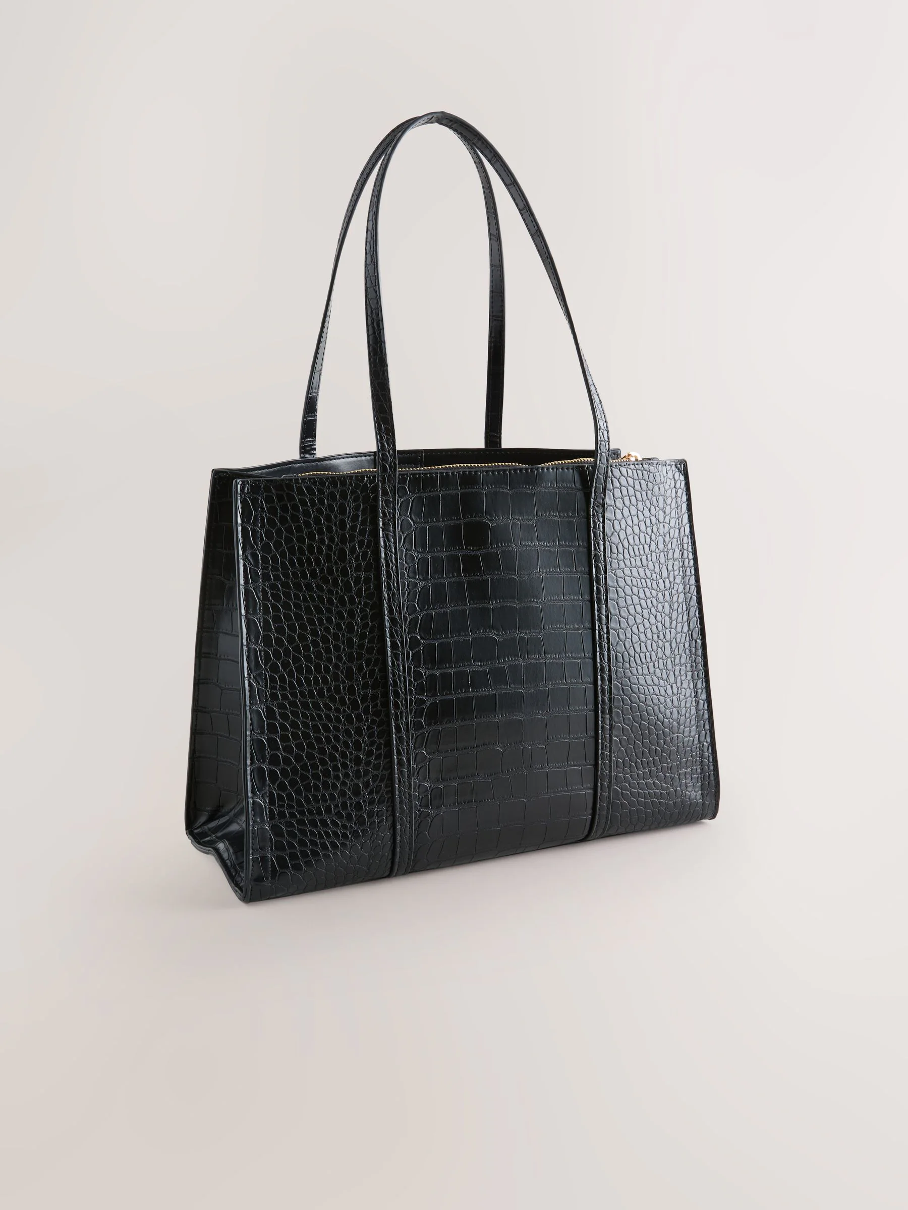 Black Croc Effect Structured Tote Bag