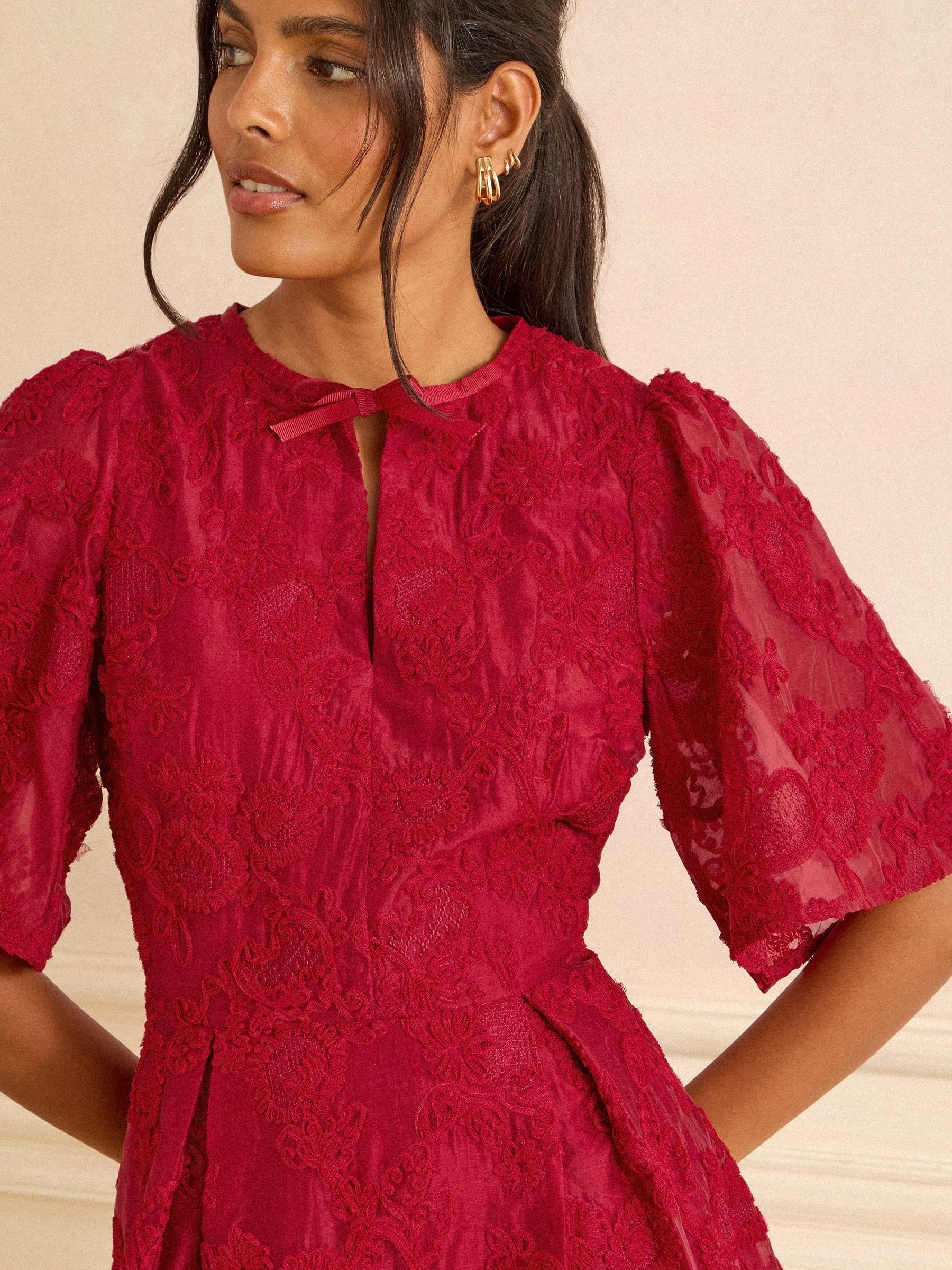 Love & Roses Red Floral Structured Jacquard Mini Dress