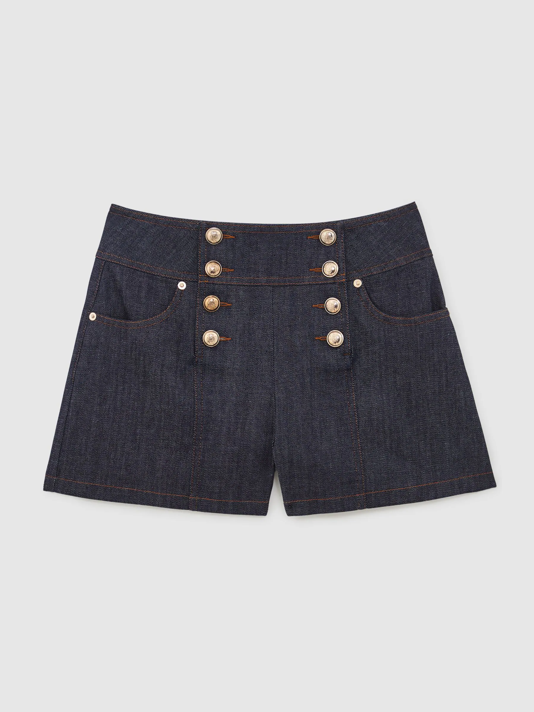 Reiss Dark Blue Skylar Button-Detail Denim Shorts