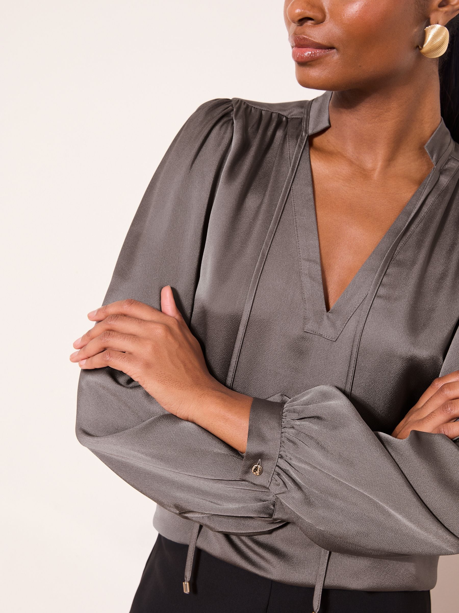 Lipsy Grey Satin V-Neck Tie Blouse