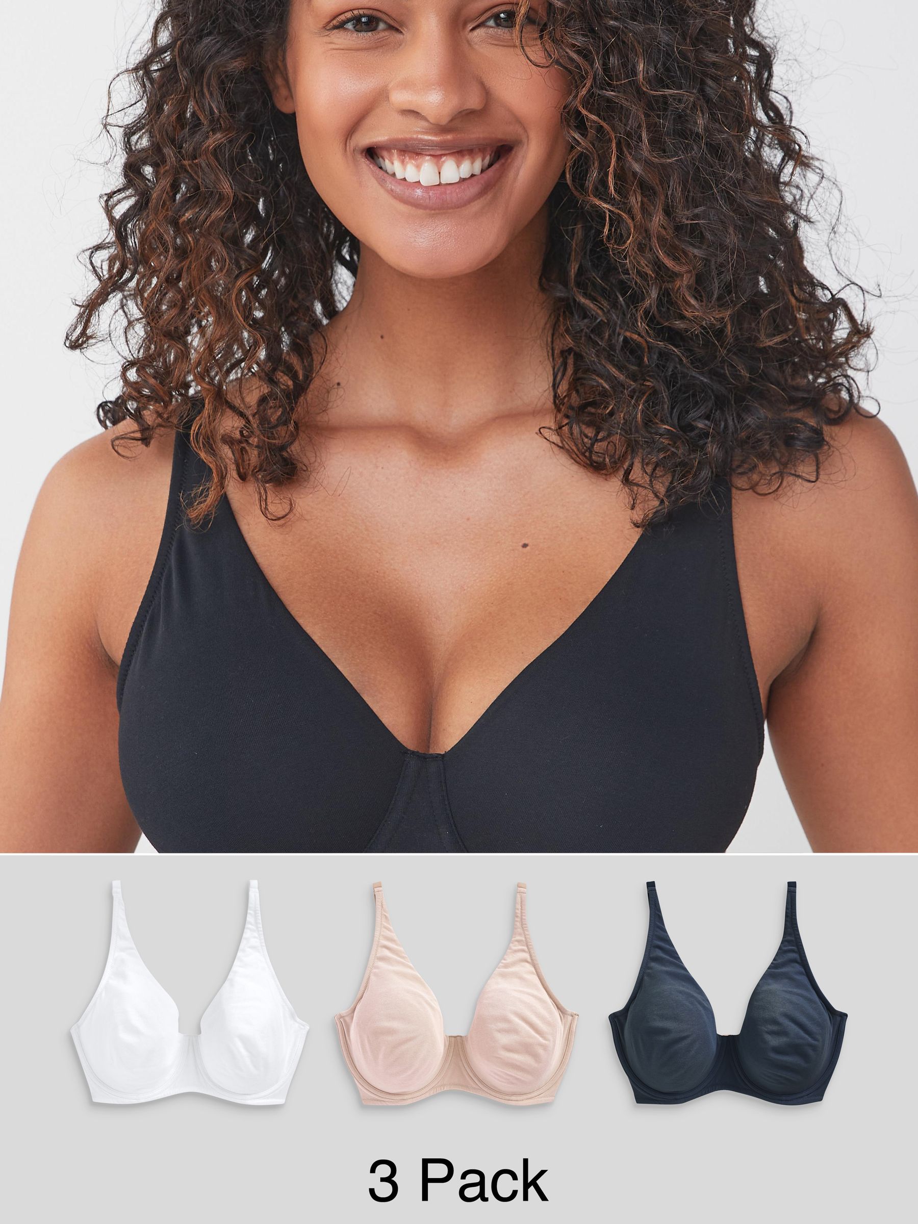 Navy Blue/Pink/White Non Pad Full Cup DD+ Cotton Blend Ultimate Comfort Bras 3 Pack