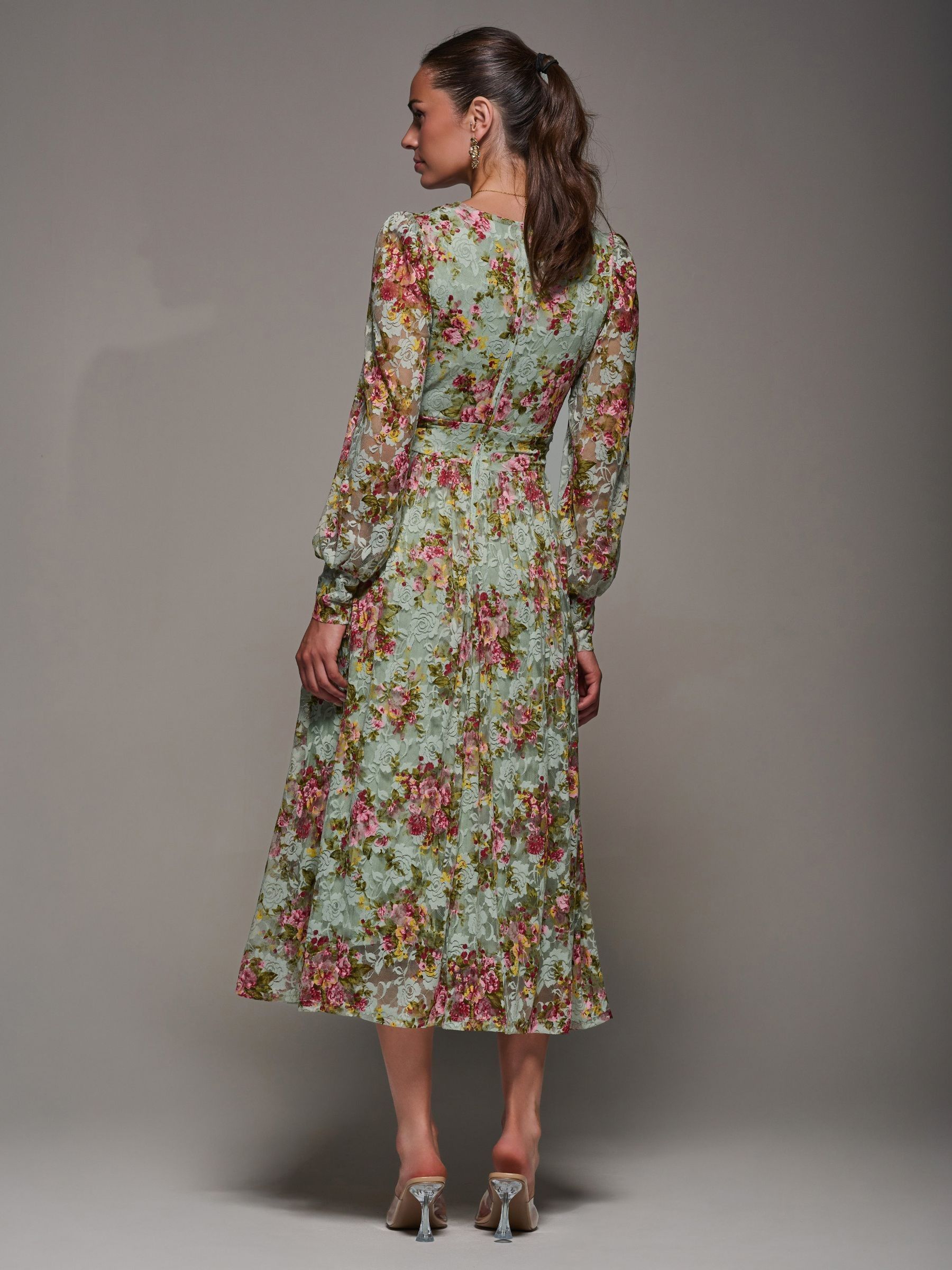 Jolie Moi Green Long Sleeve Printed Lace Maxi Dress