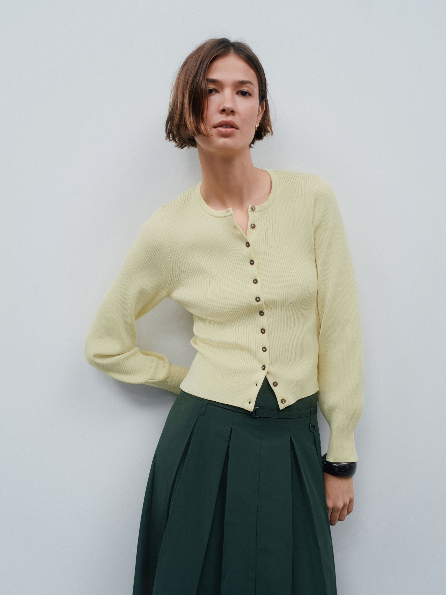 Yellow Ribbed Volume Sleeve Knitted Cardigan