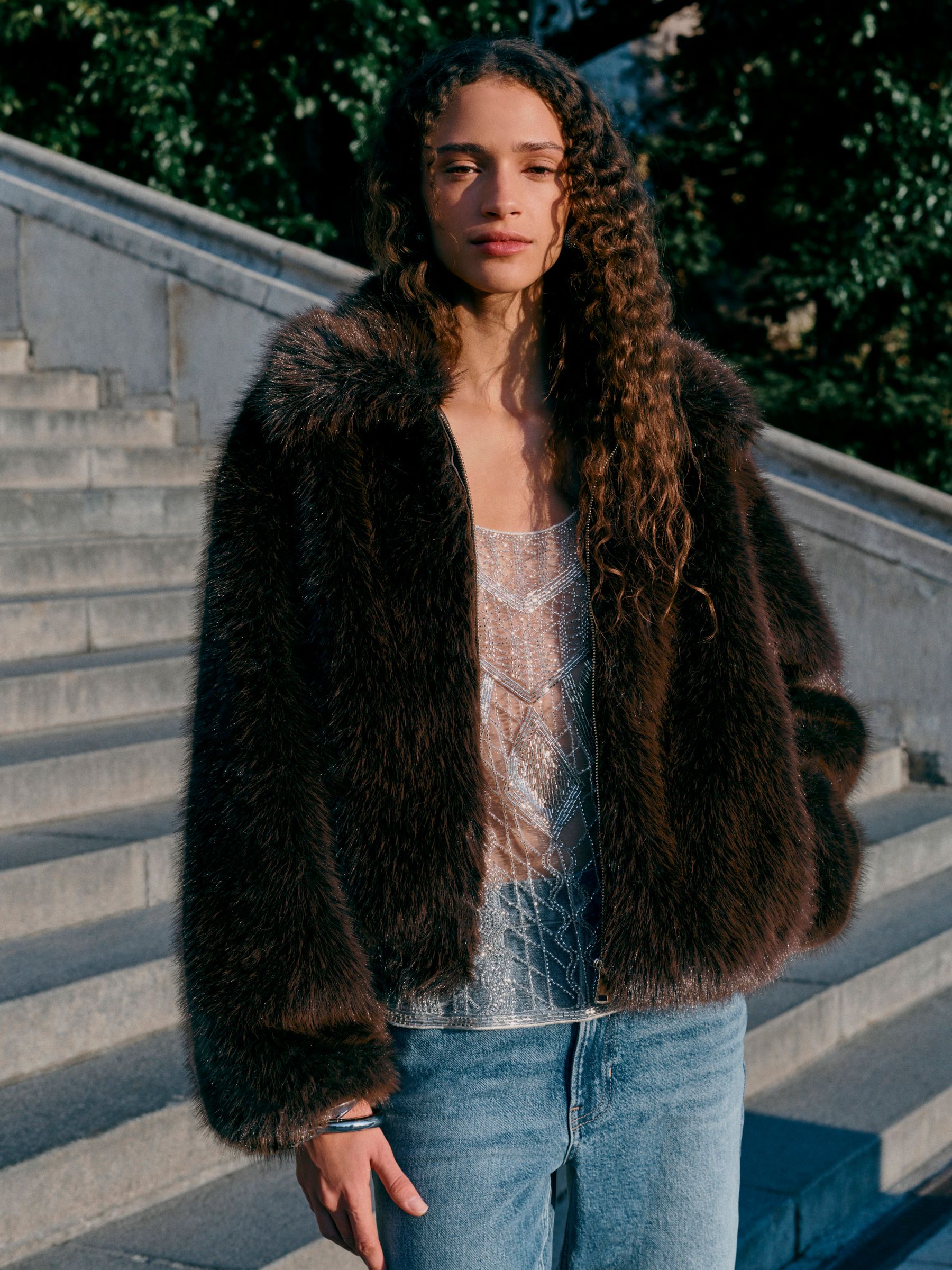 Chocolate Brown Faux Fur Zip Through Jacket