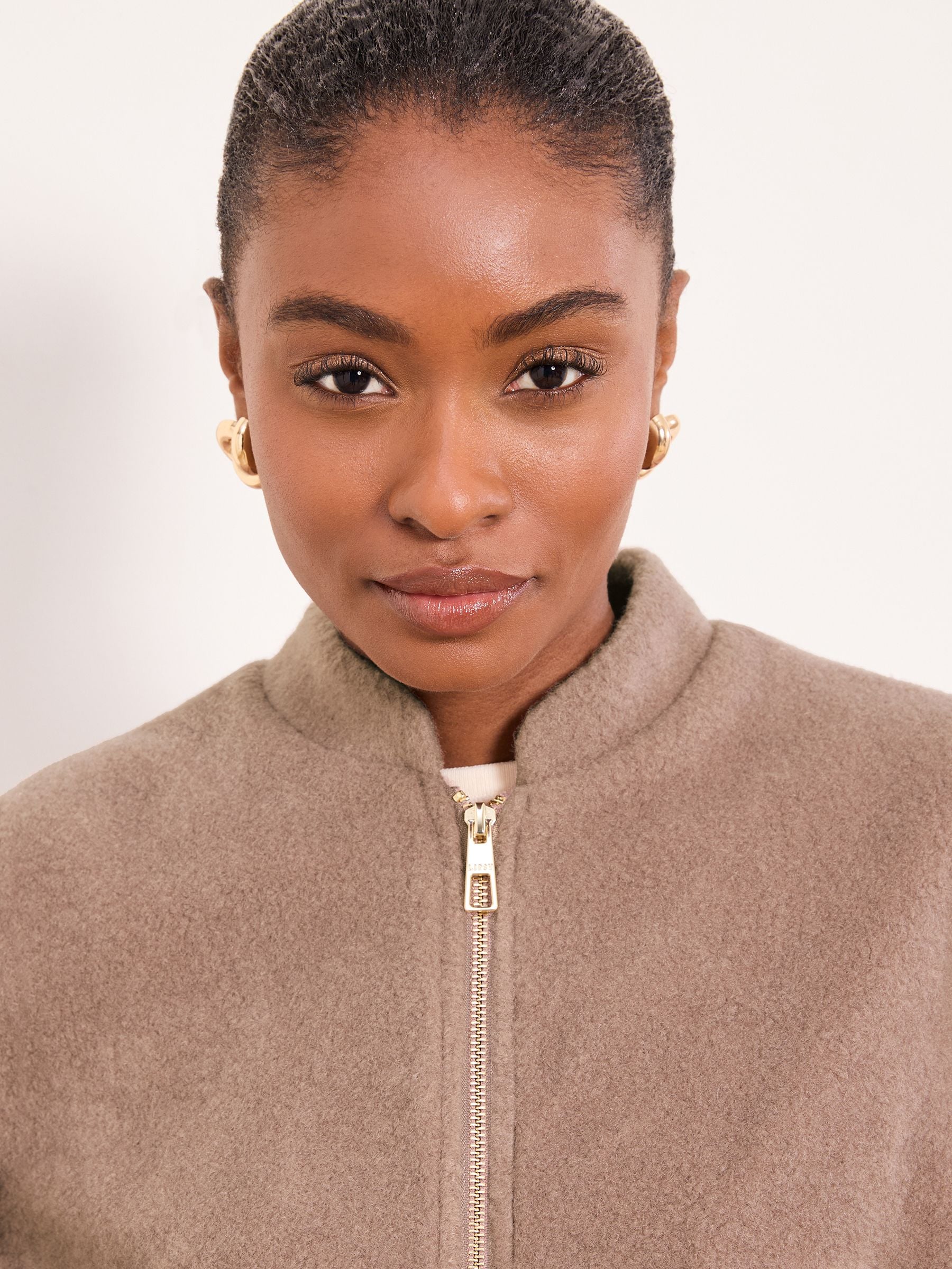 Lipsy Neutral Collarless Bubble Hem Brushed Wool Look Jacket