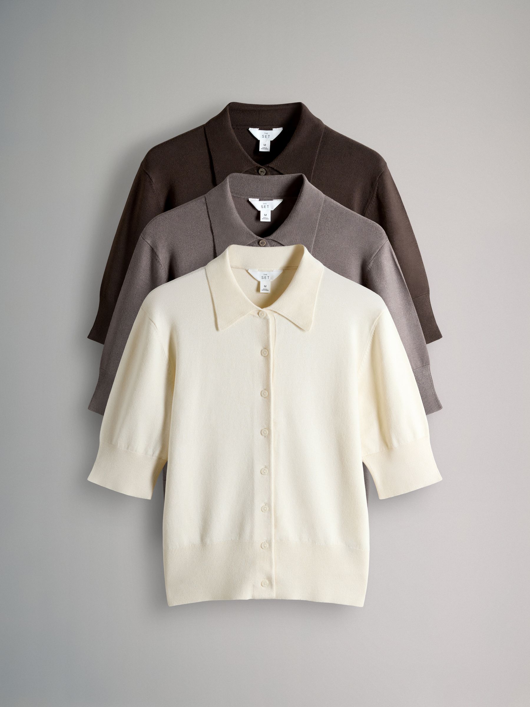 The Set 3 Pack Short Sleeve Fine Knit Button Collared Cardigans Chocolate Brown/Neutral Taupe/Cream