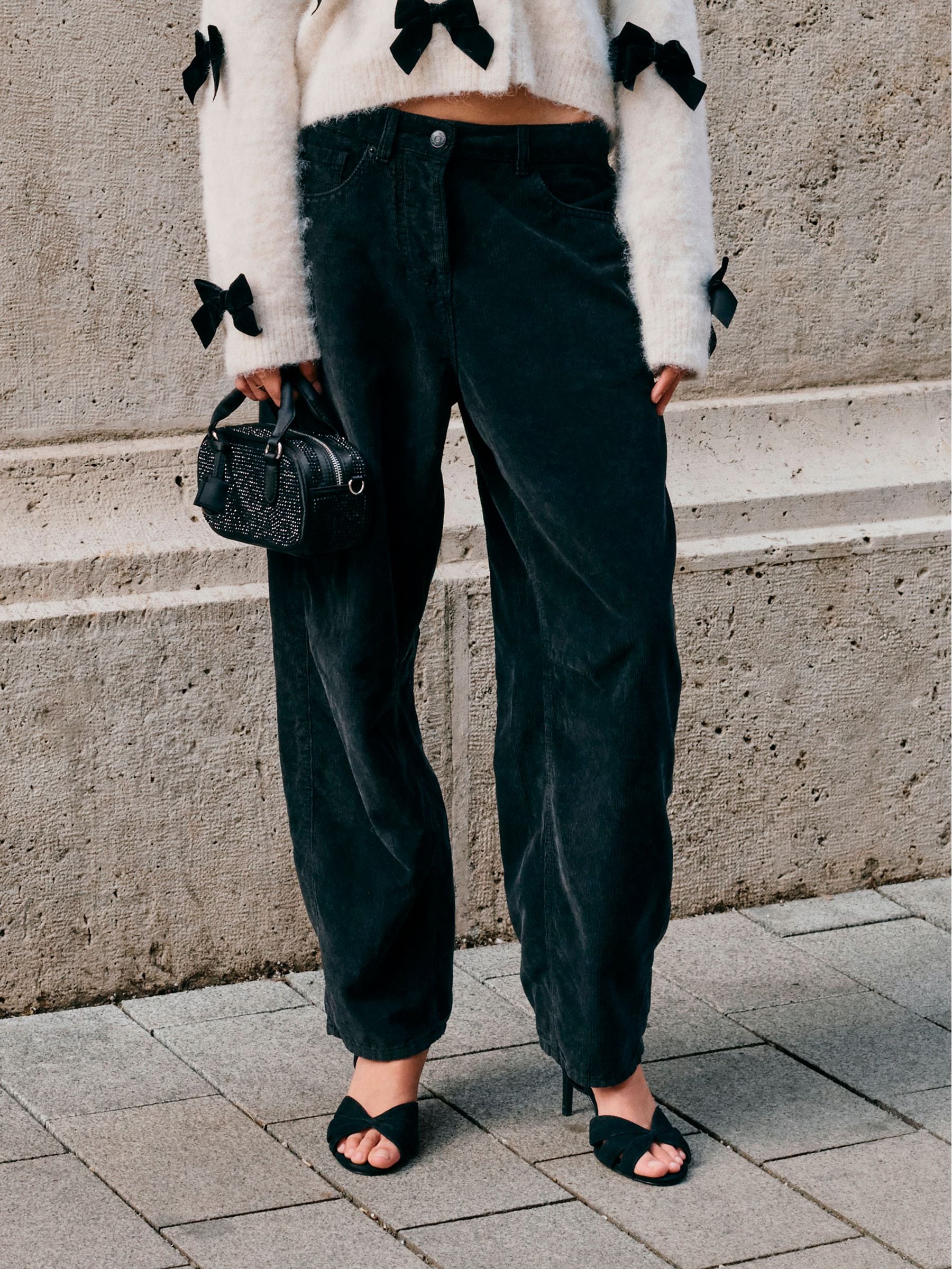 Black Cord Barrel Leg Trousers