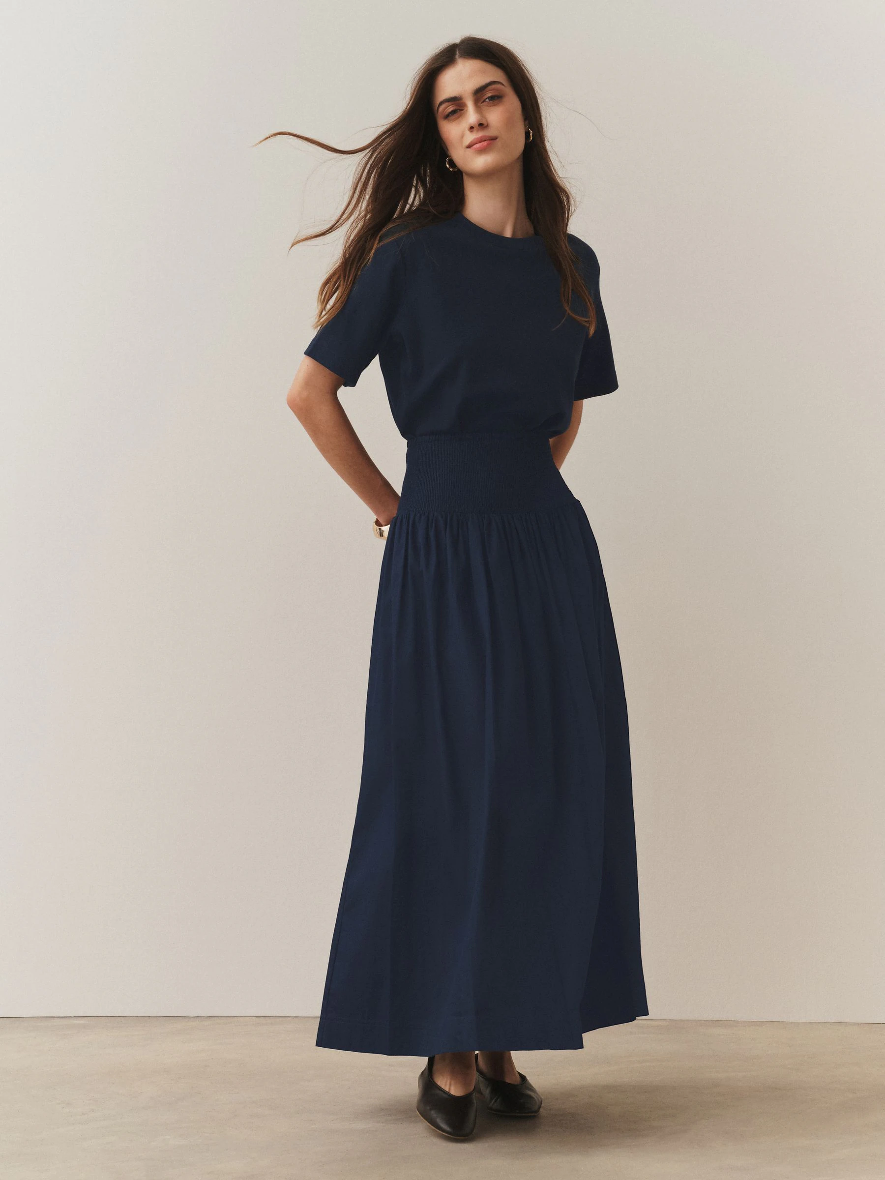 Navy Shirred Maxi Skirt