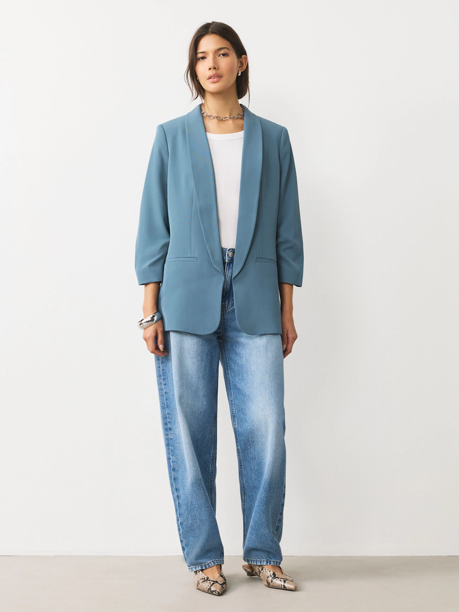 Blue Relaxed Ruched Sleeve Blazer