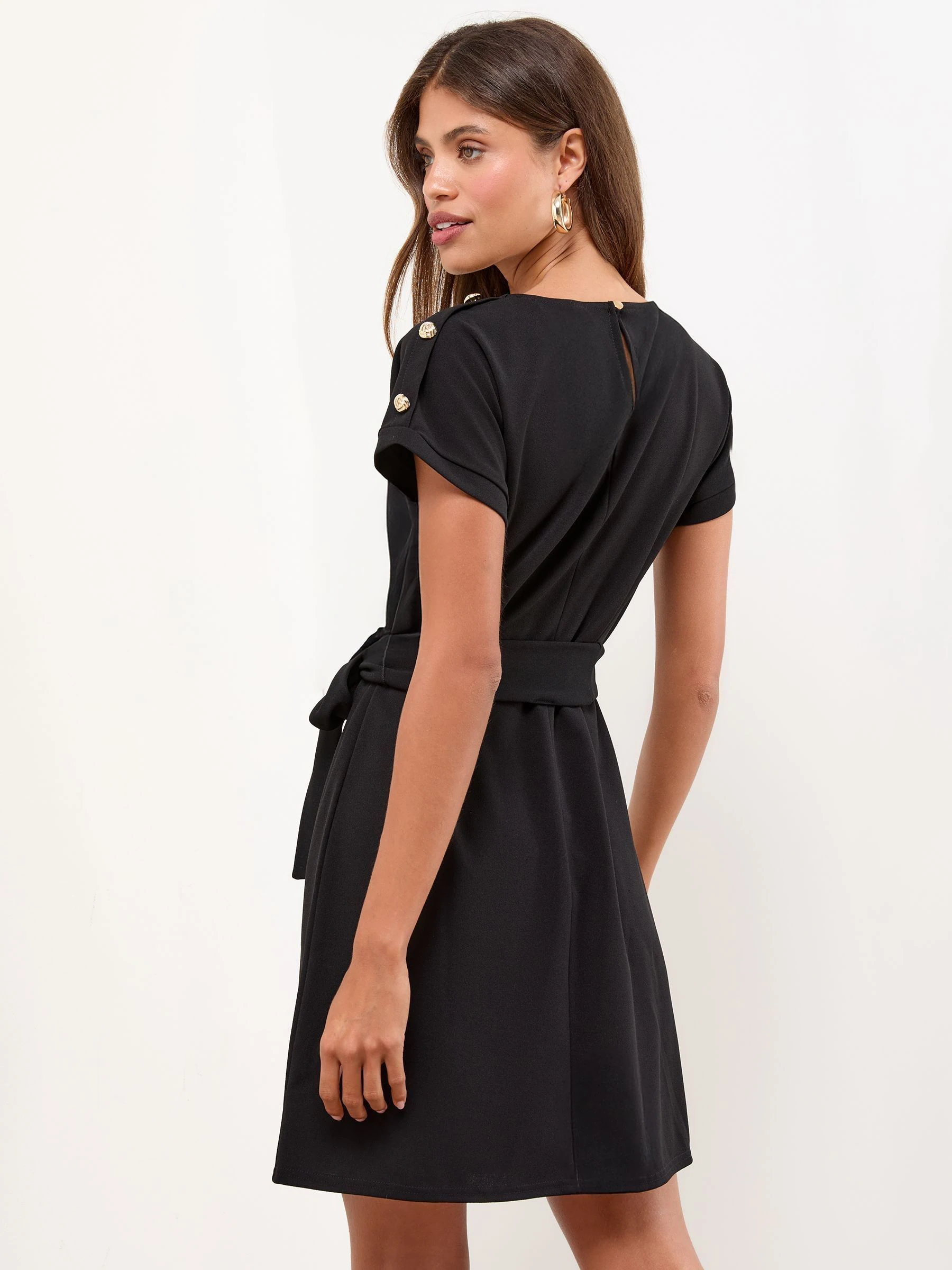 Lipsy Black Military Button Tie Belt Mini Shift Dress