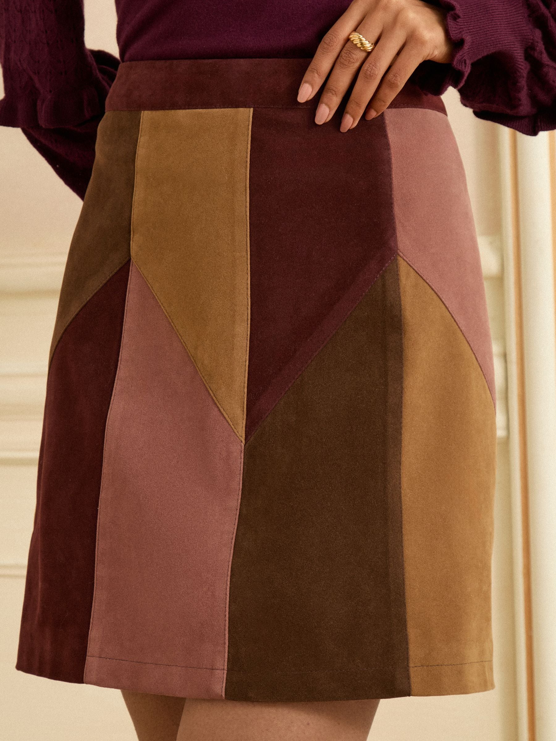 Love & Roses Tan Brown and Pink Faux Suede Patchwork Mini Skirt