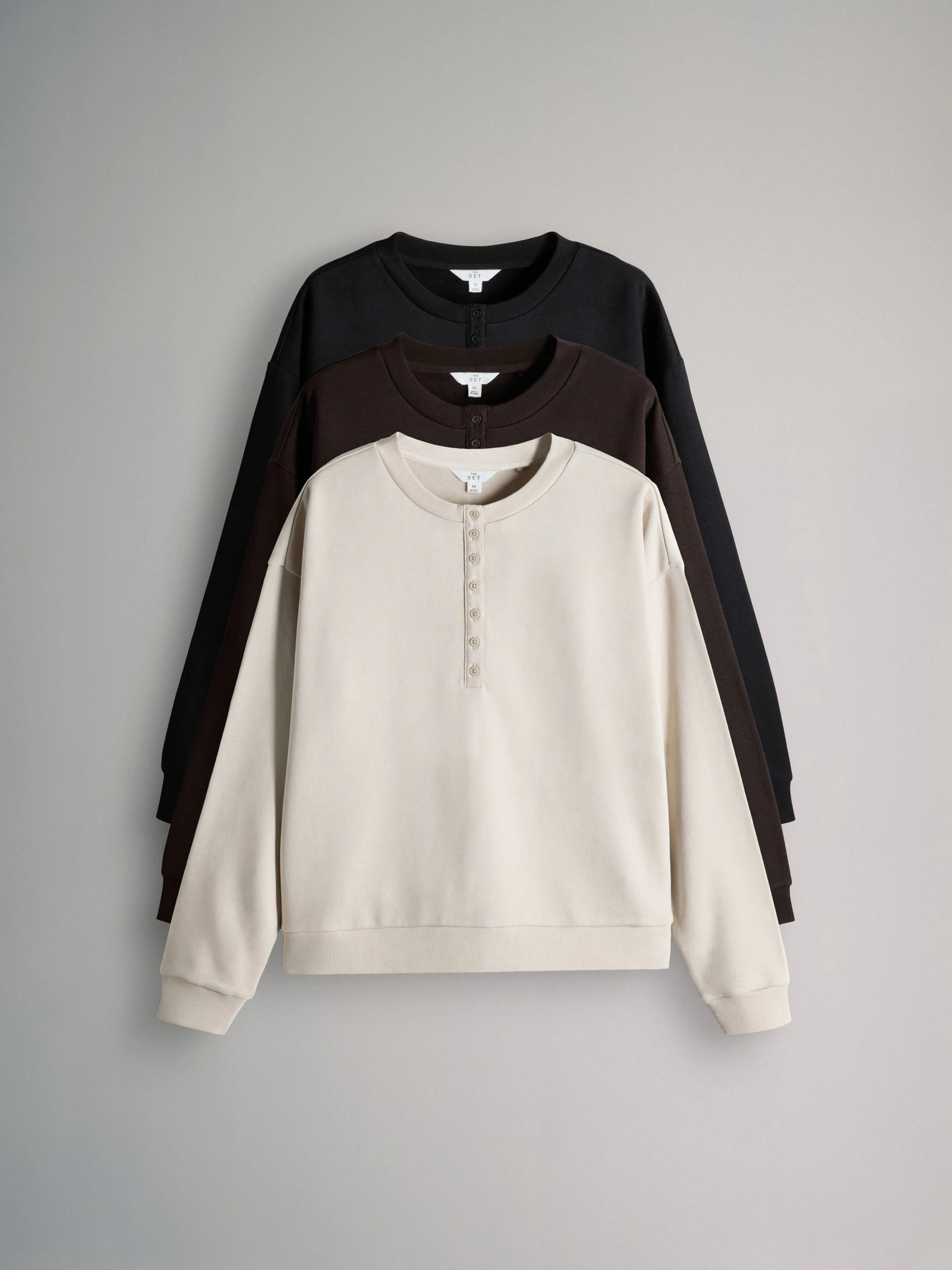 The Set 3 Pack Henley Sweatshirts Black/Chocolate Brown/Cream