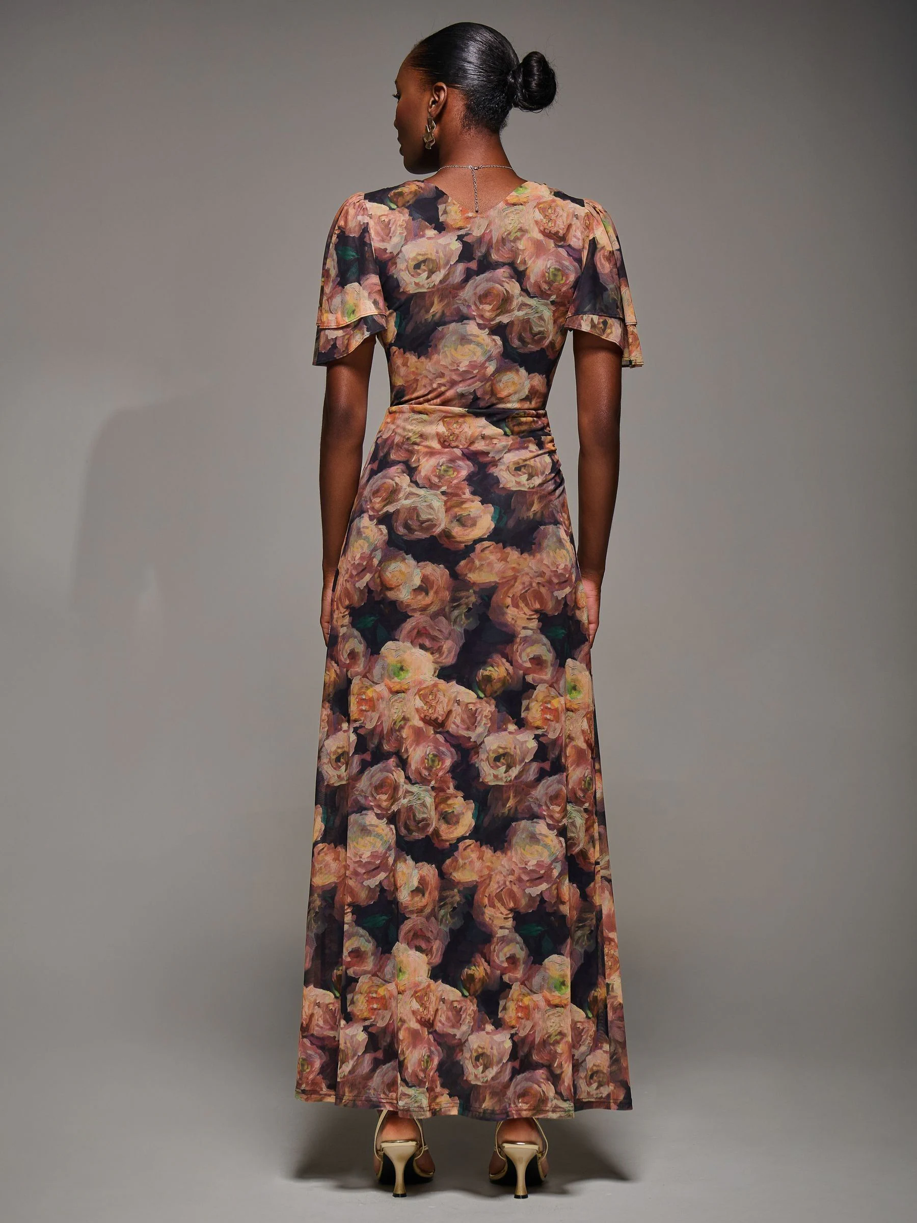 Jolie Moi Orange Angel Sleeve Draped Mesh Maxi Dress