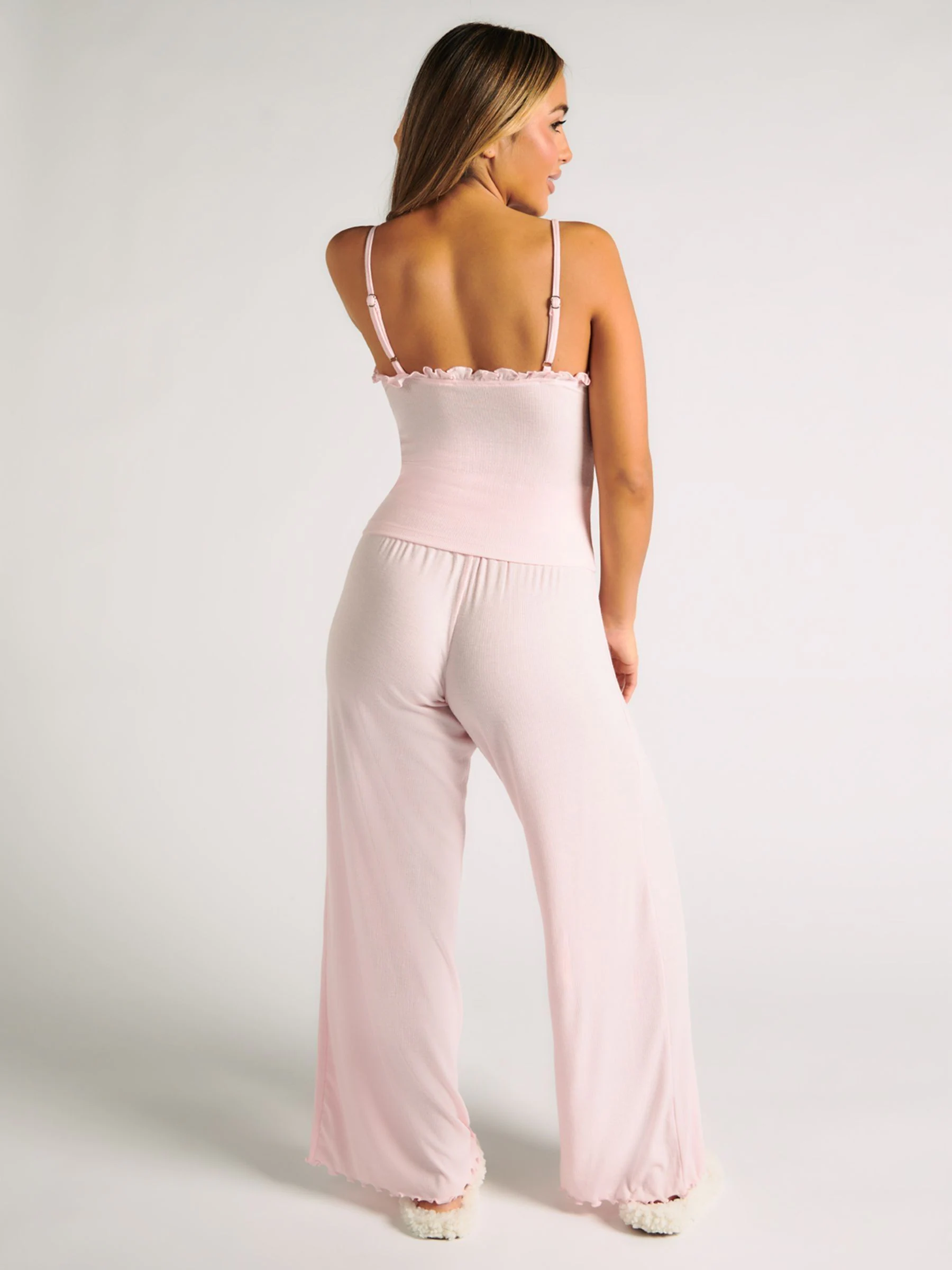 Boux Avenue Pink Rib Frill Cami & Pant Pyjama Set
