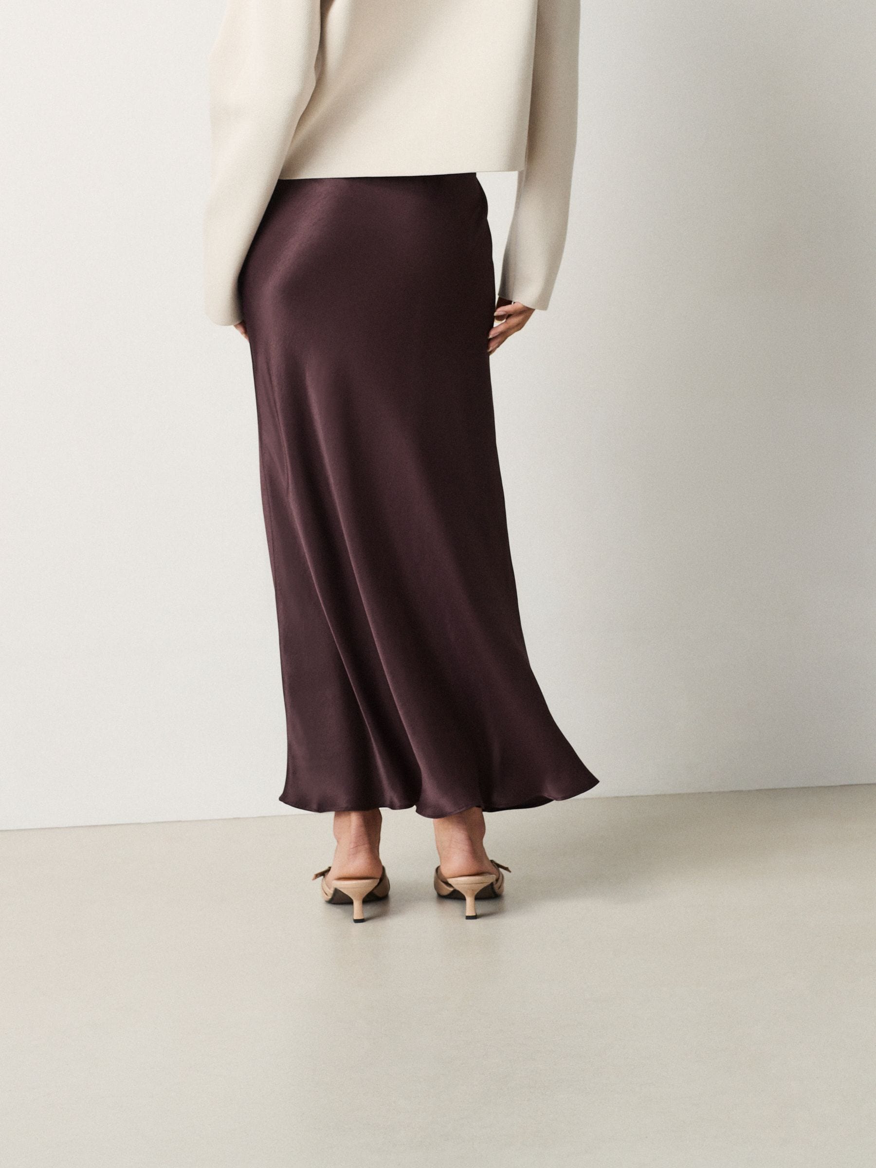 Chocolate Brown Satin Midi Skirt