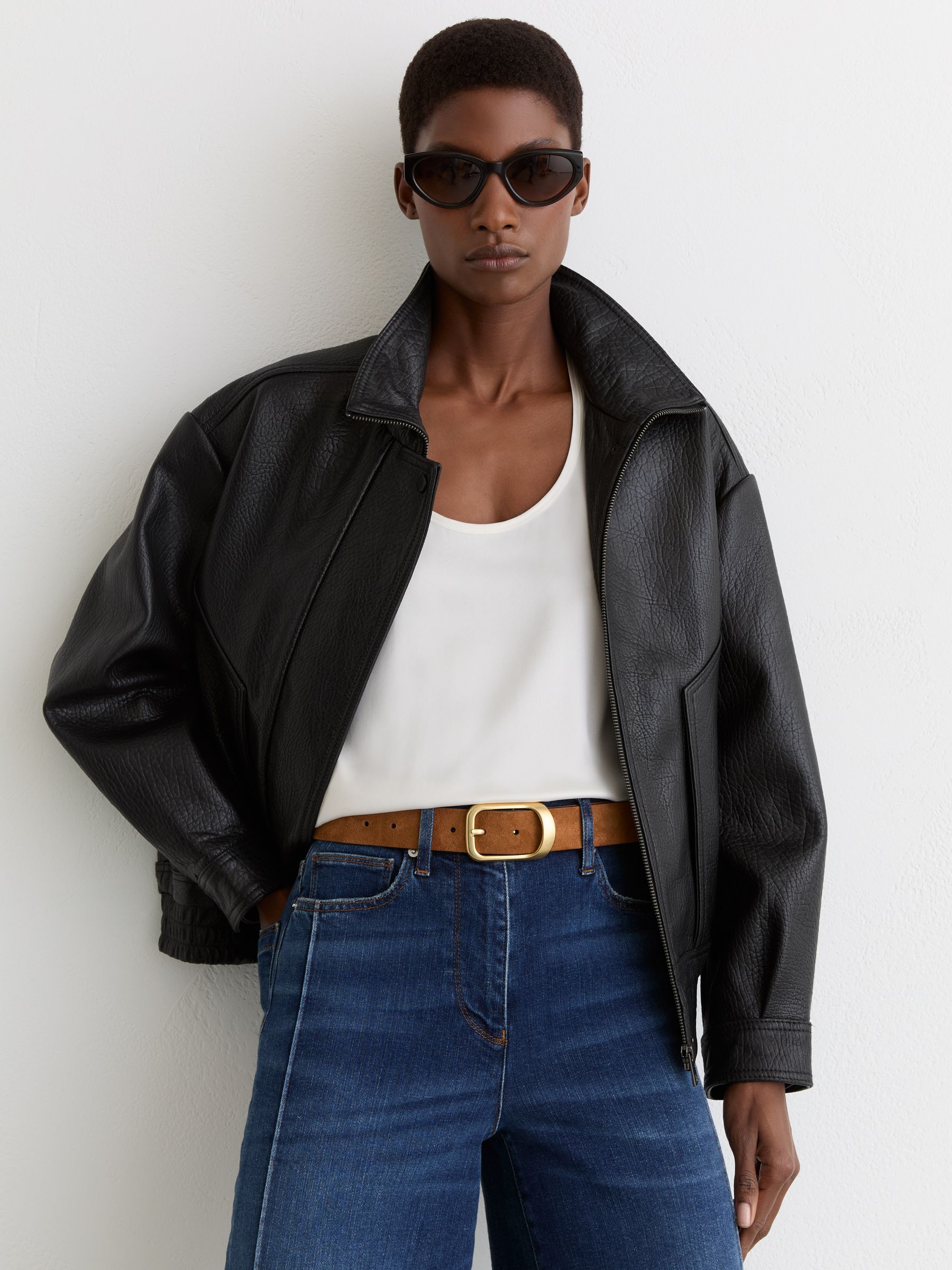 Reiss Tan Evie Suede Curved-Buckle Belt