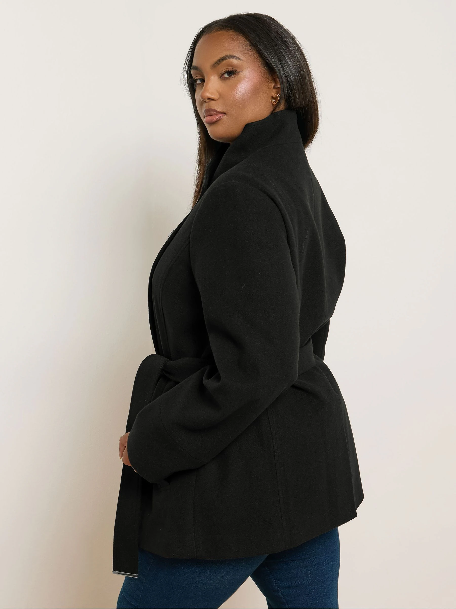 Yours Curve Black Wrap Wool Coat