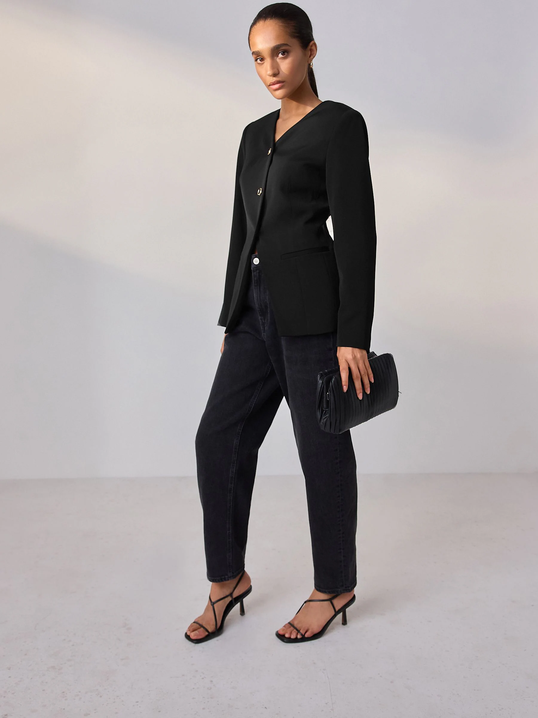 Black Collarless V-Neck Blazer