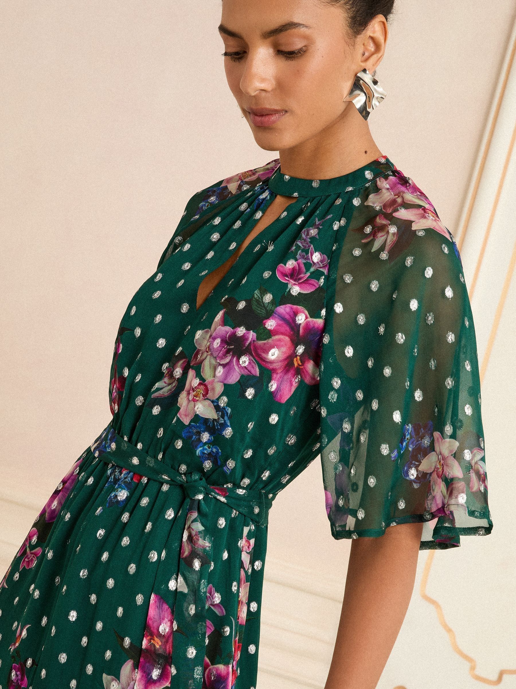 Love & Roses Green Floral Metallic Printed Midi Dress