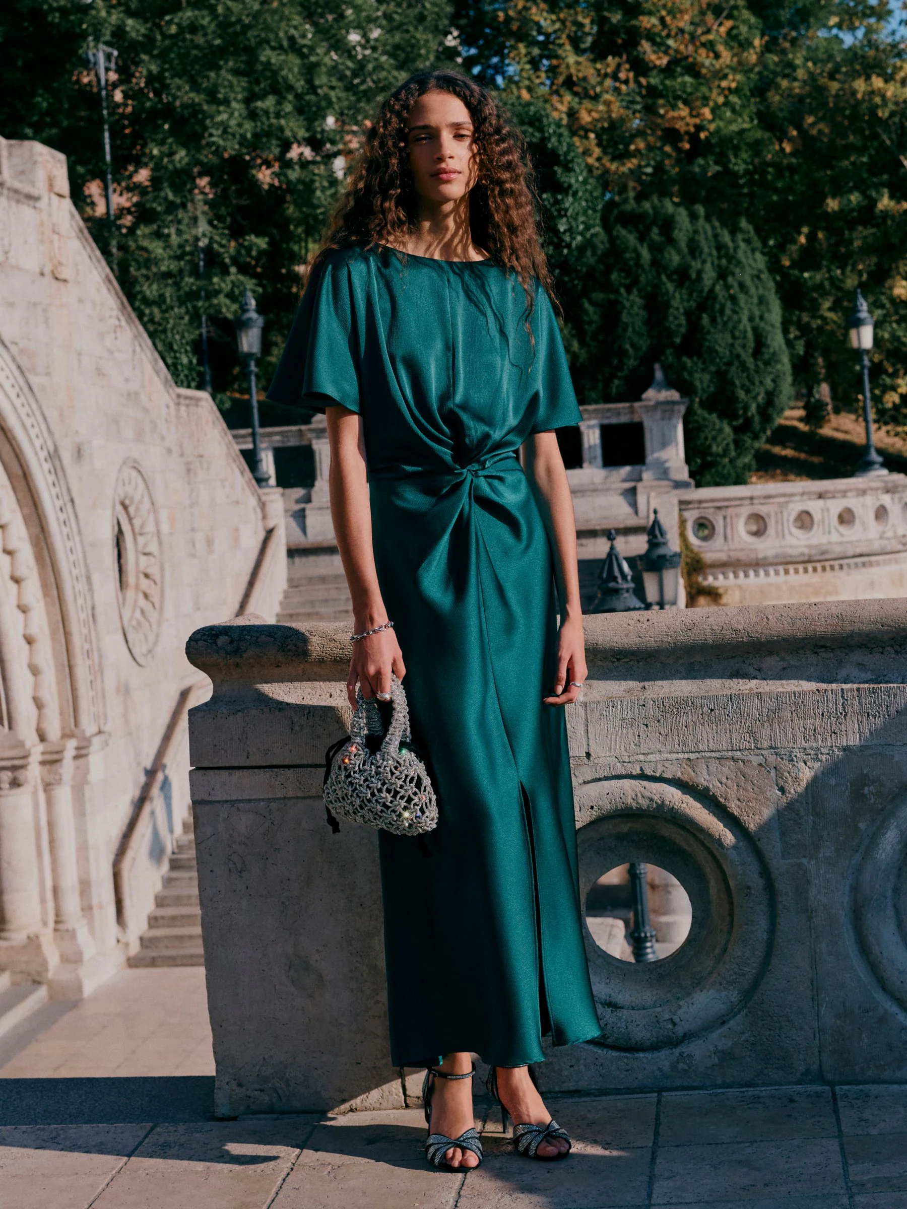 Emerald Green Textured Satin Short Sleeve Twist Front Midi Dress