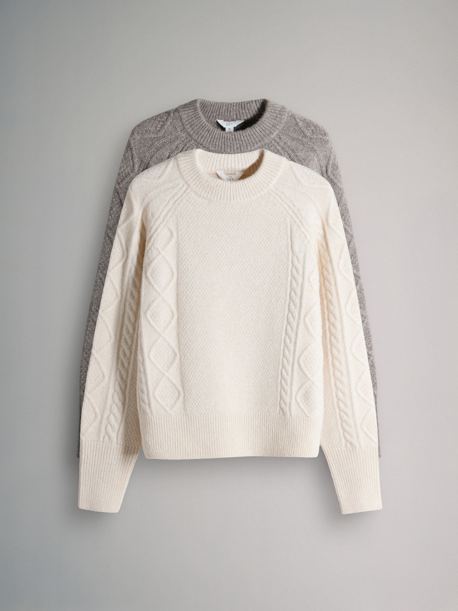 The Set Cream/Light Brown Marl 2 Pack Knitted Cable Jumpers With Wool