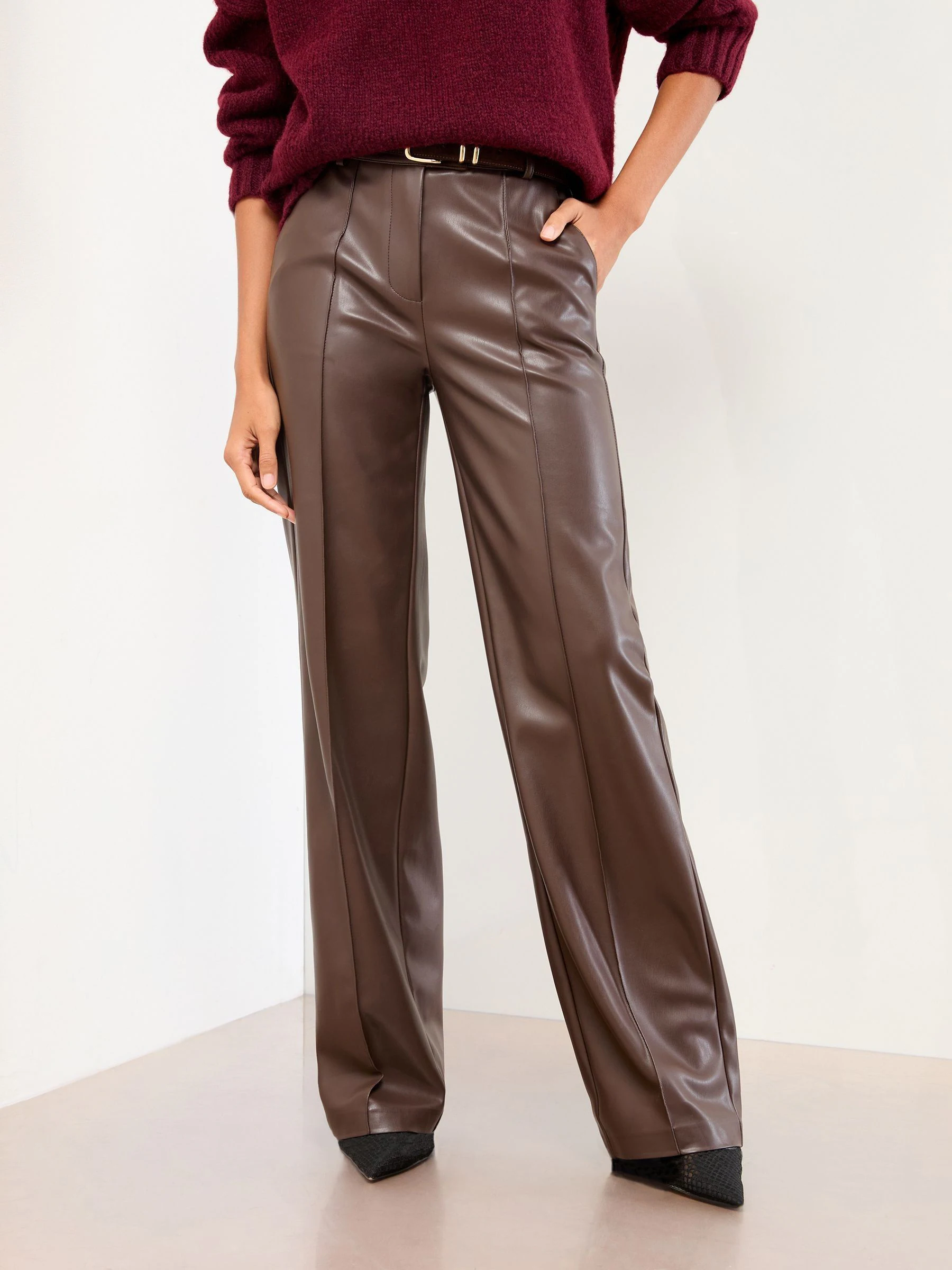 Lipsy Chocolate Brown Faux Leather Pintuck Tailored Wide Leg Trousers