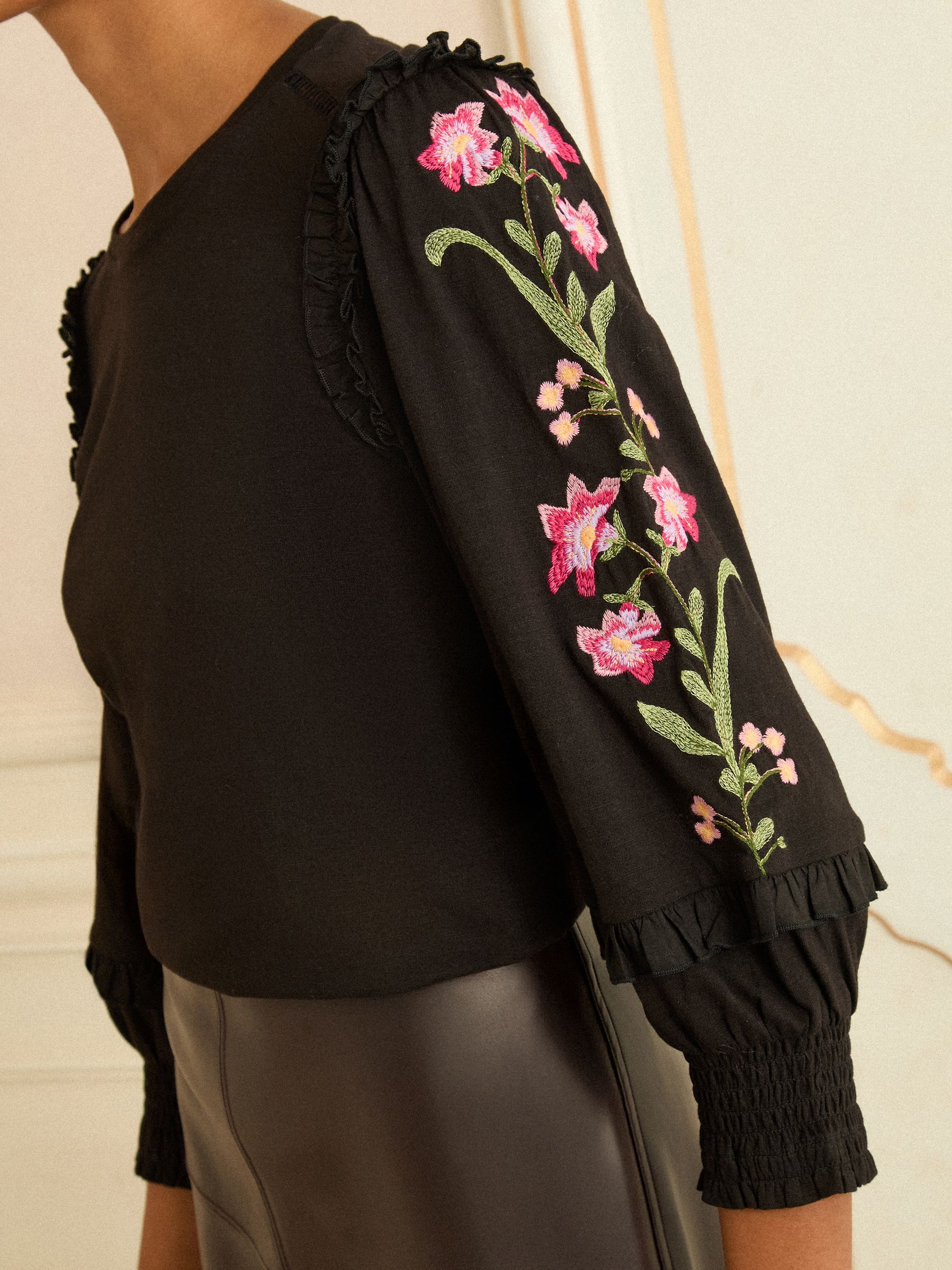 Love & Roses Black Embroidered Detail Jersey Top