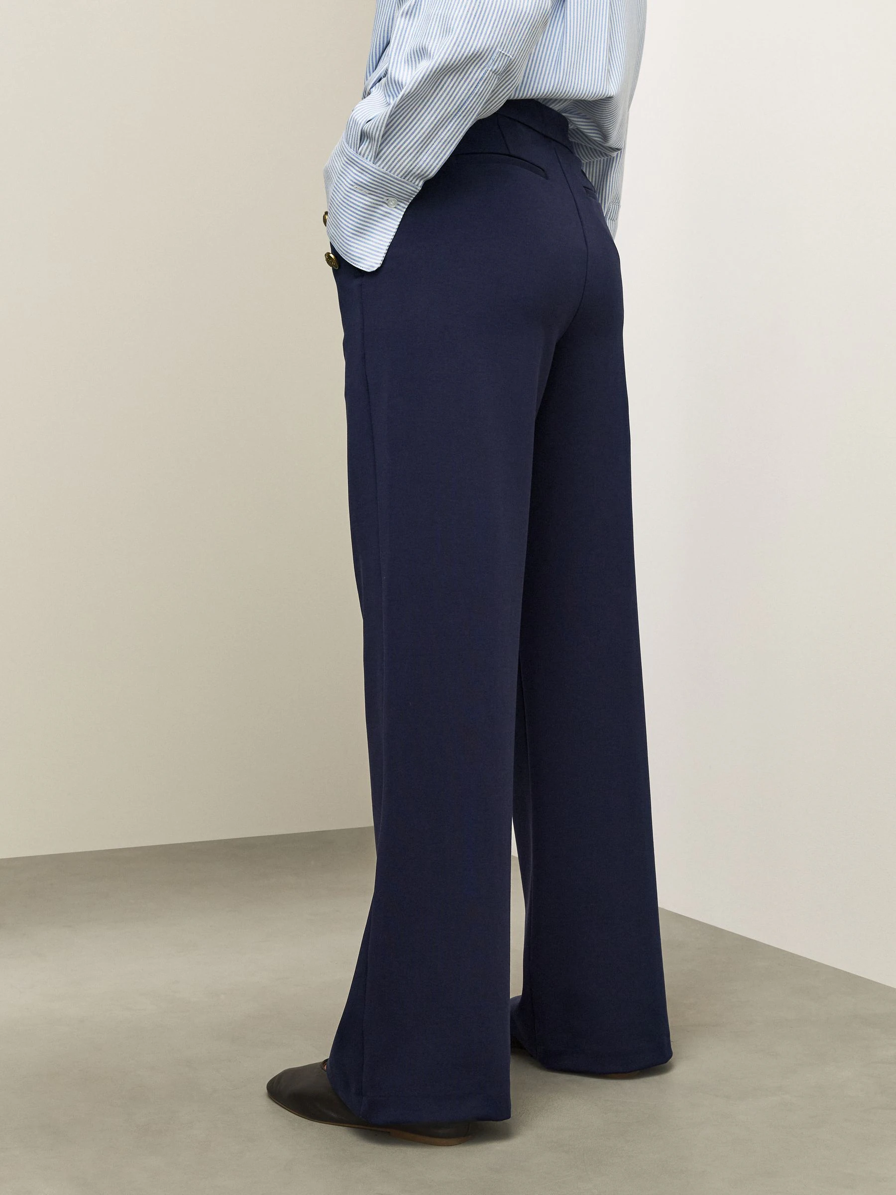 Navy Blue Ponte Wide Leg Trousers With Gold Button Detailing