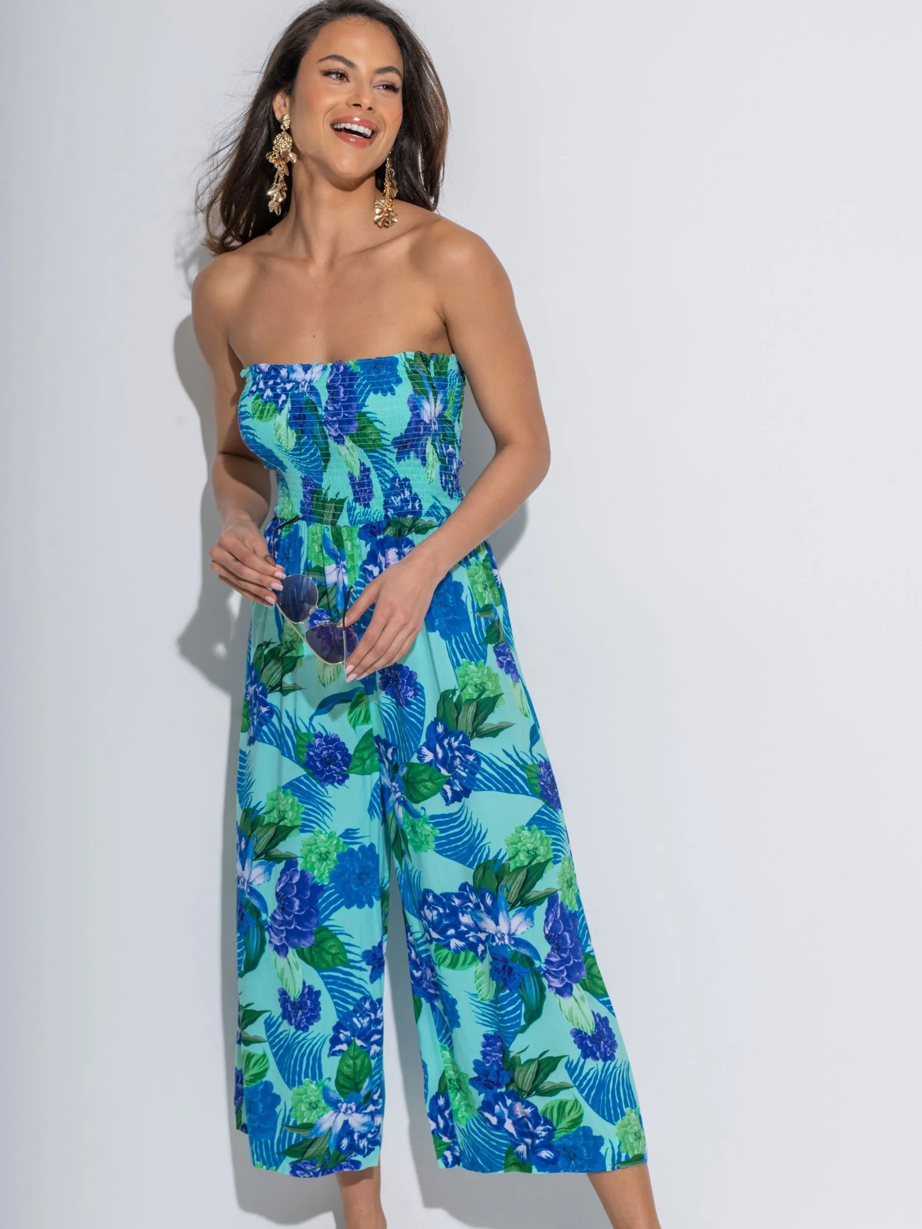Pour Moi Blue Floral Strapless Shirred Bodice Crop Leg Beach Jumpsuit