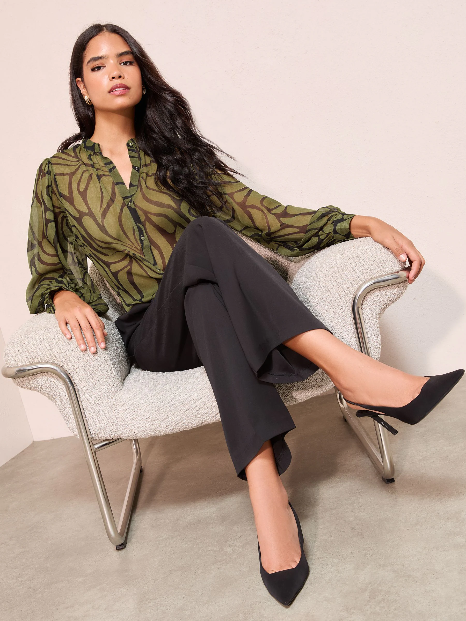 Friends Like These Green Floral Print Collarless Long Sleeve Chiffon Blouse