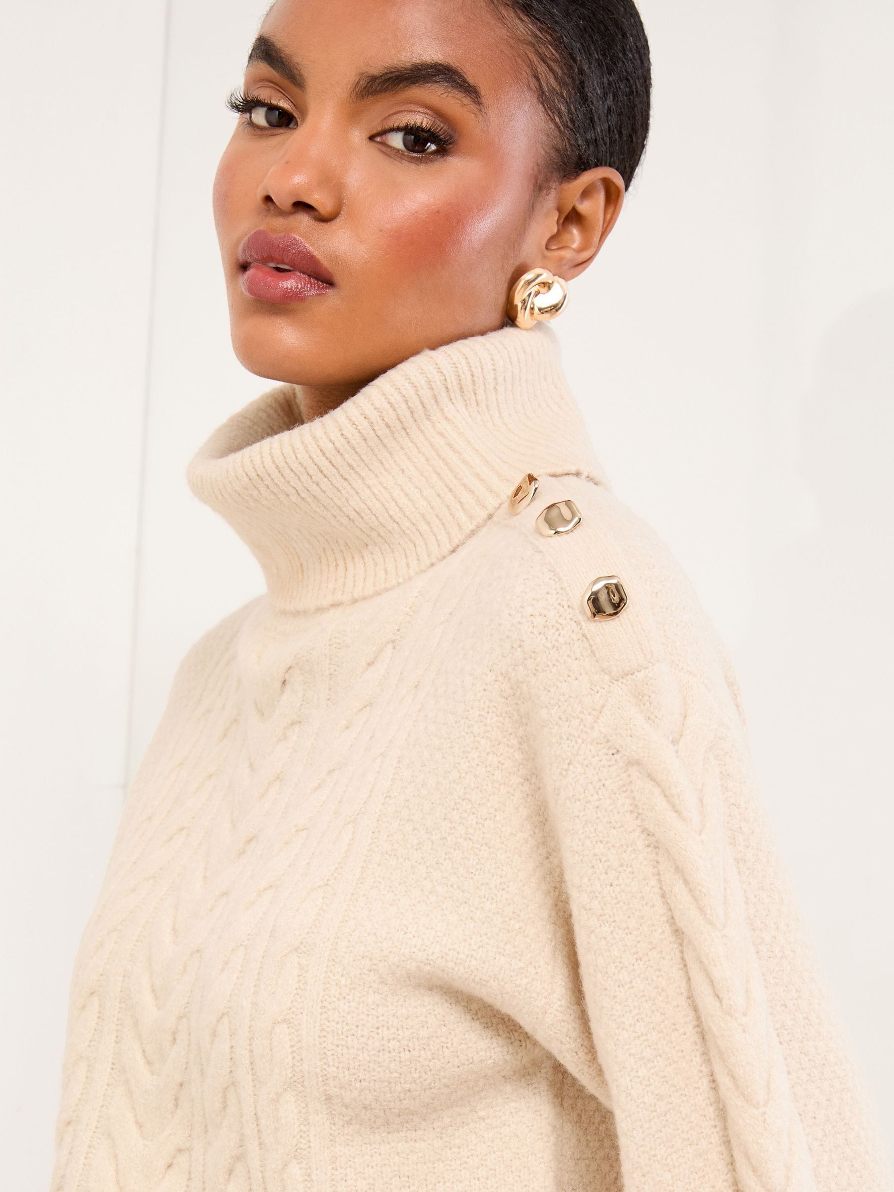 Lipsy Neutral Cowl Neck Longline Cable Knitted Jumper