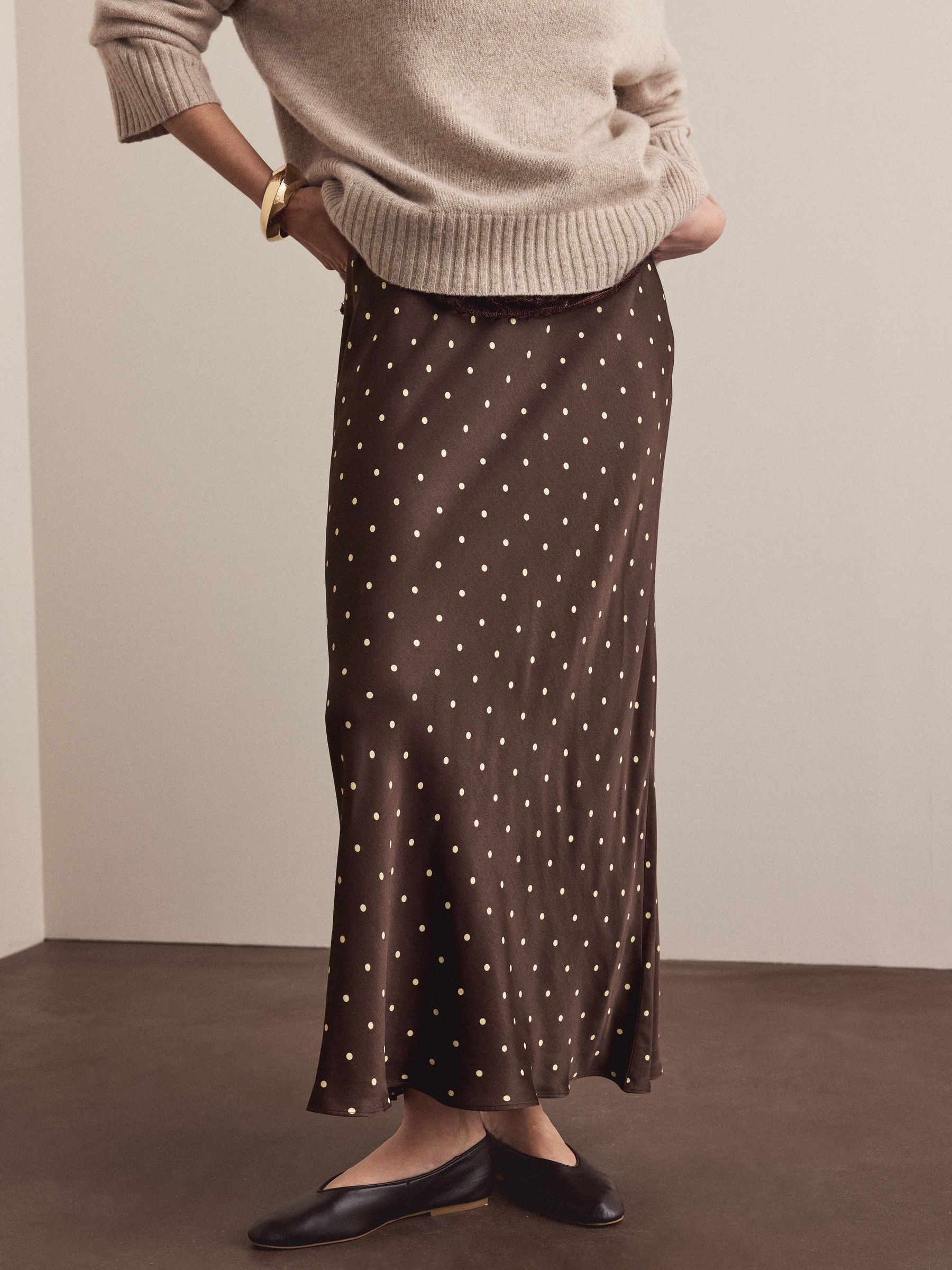 Chocolate Brown/Cream Polka Dot Satin Midi Skirt