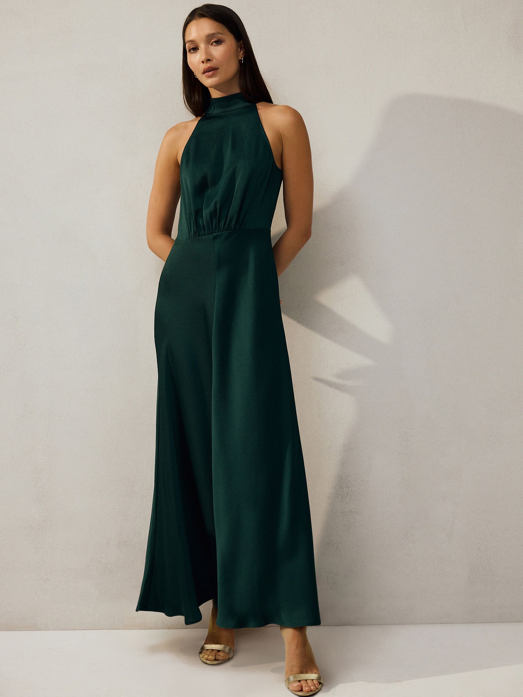 Emerald Green Textured Satin Halter Sleeveless Midi Dress