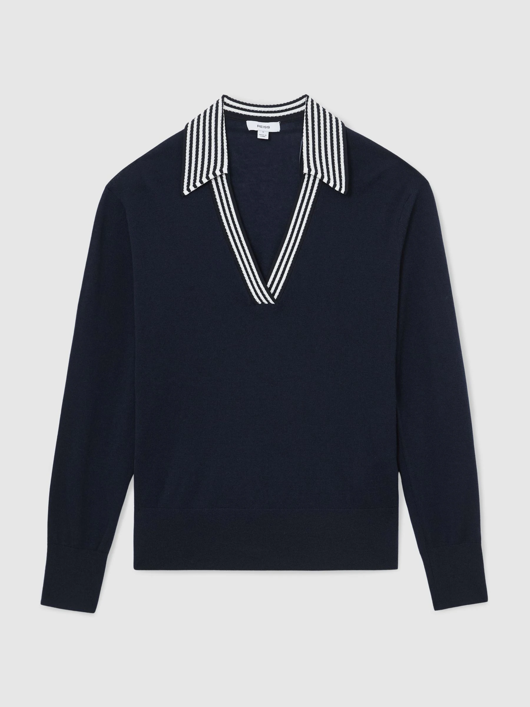 Reiss Navy/White Nova Merino Wool Stripe-Collar Jumper