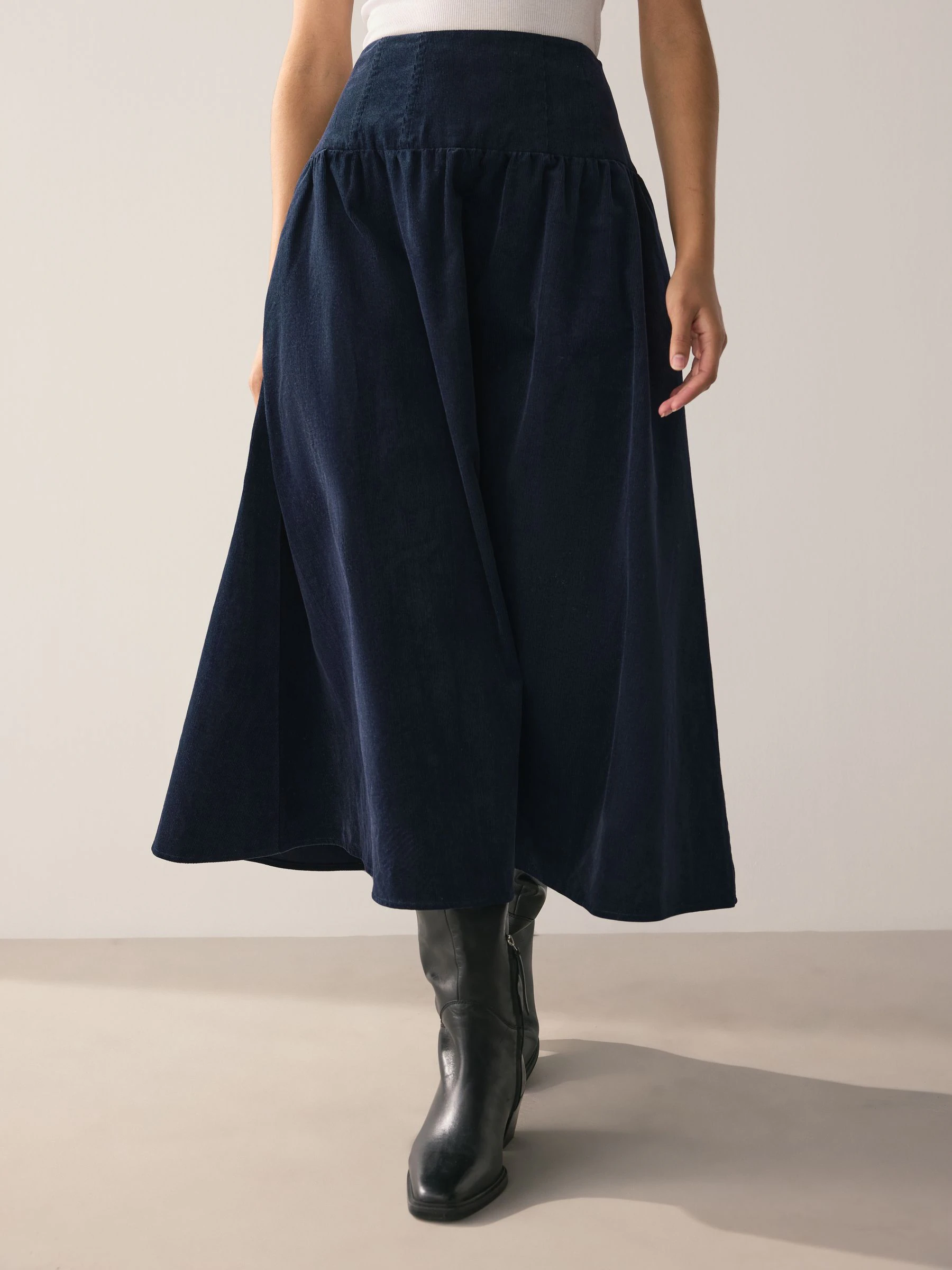 Navy Dropped Waist Corduroy Midi Skirt