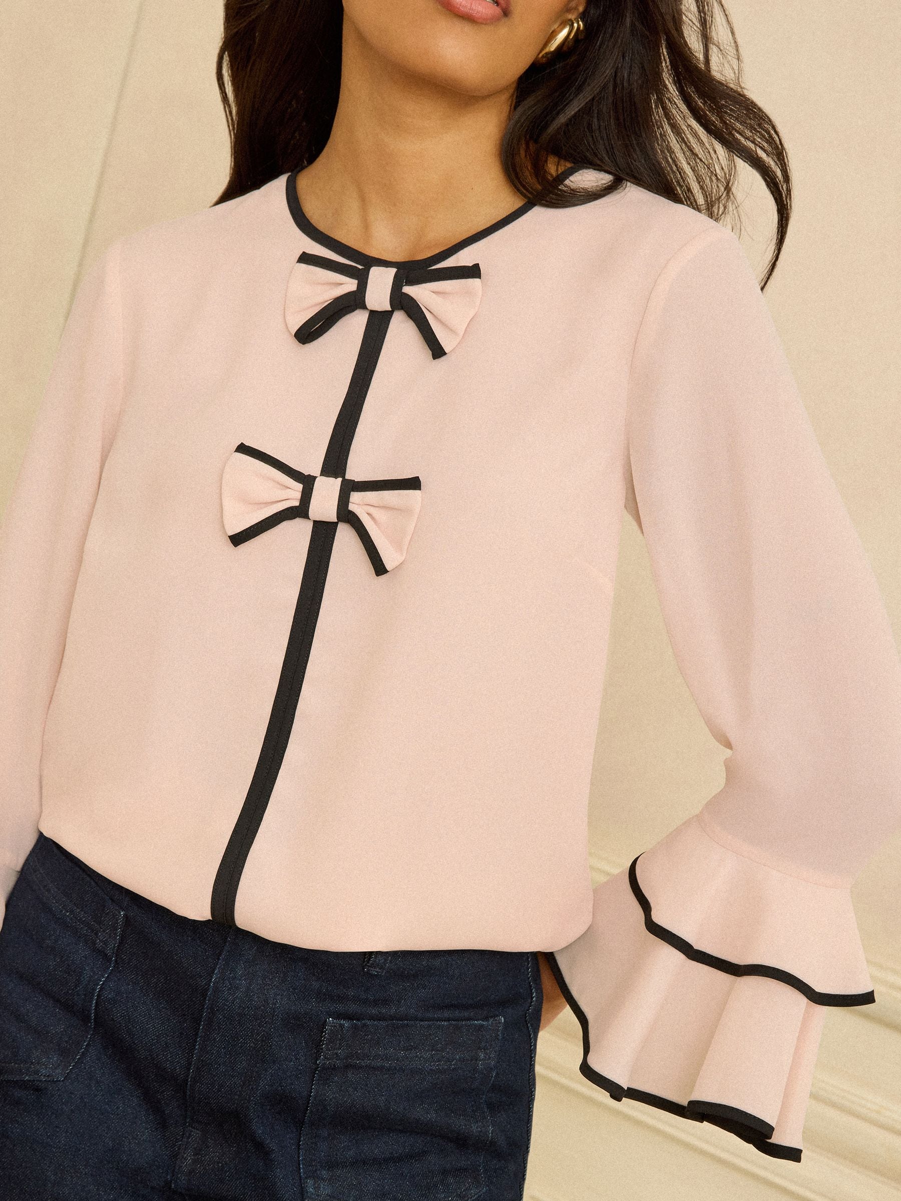 Love & Roses Blush Pink Bow Crew Neck Pleated Flute Sleeve Blouse
