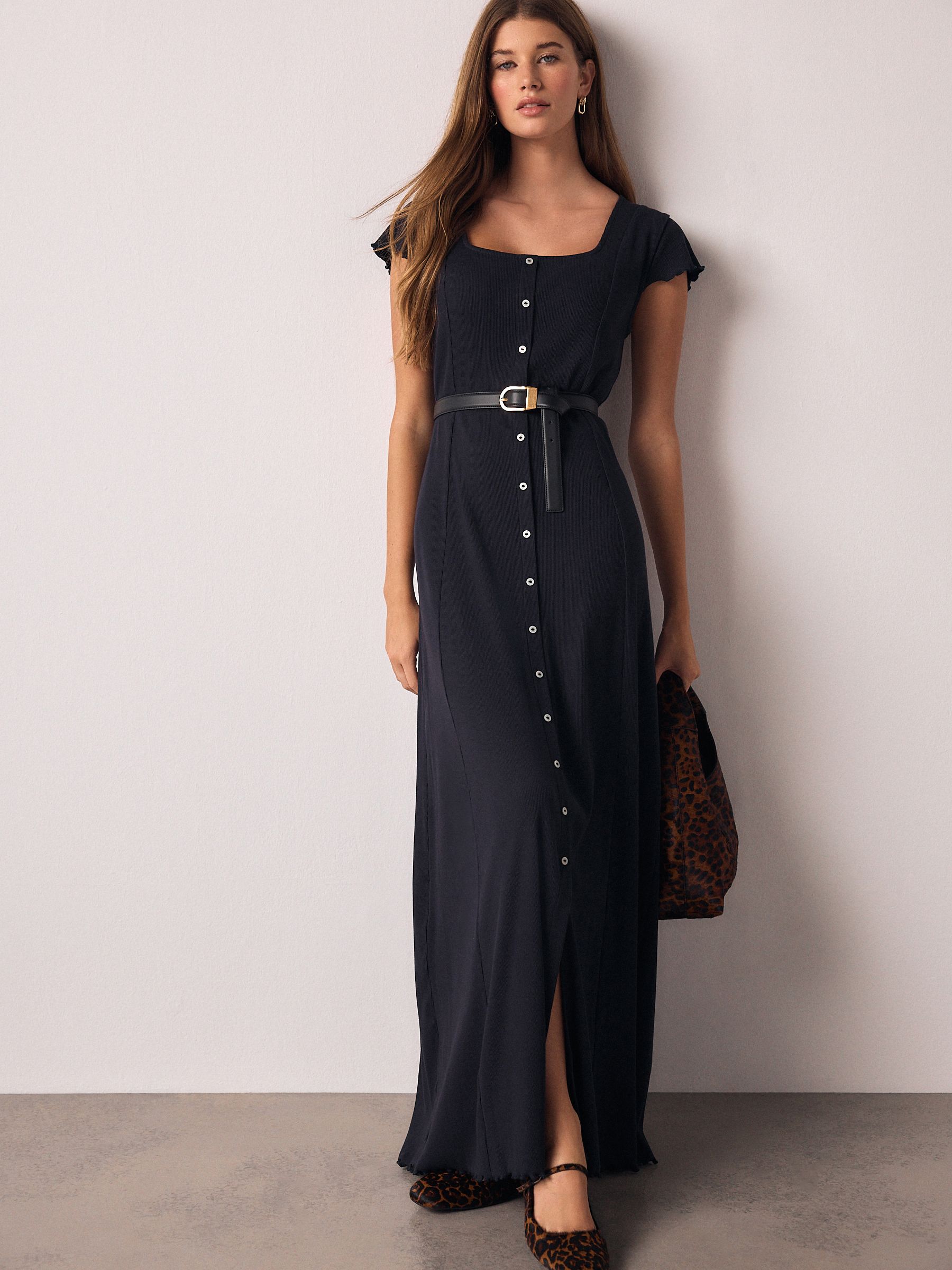 Navy Blue Short Sleeve Jersey Button Through Maxi Dress