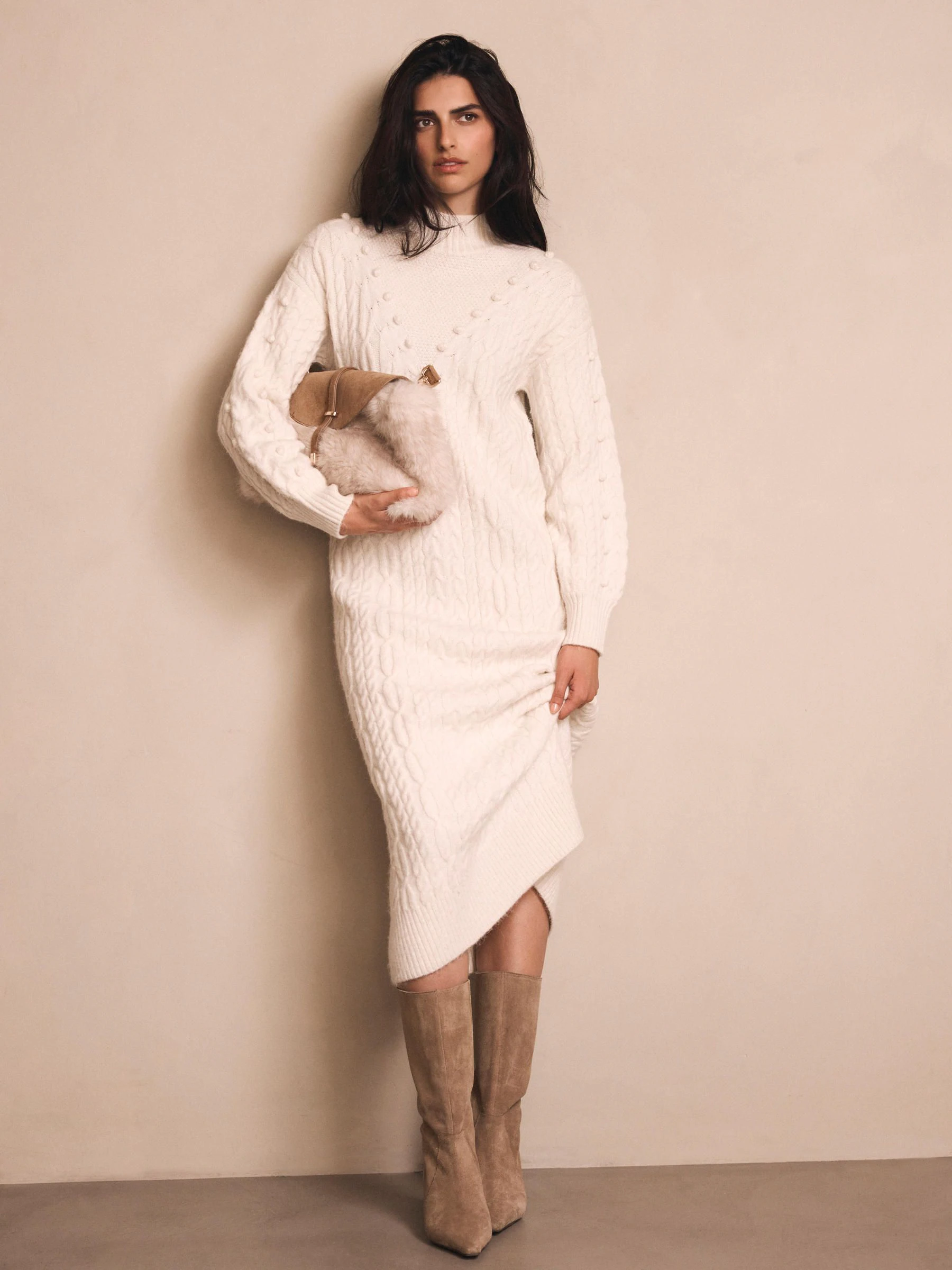 Mint Velvet Cream Bobble Detail Knitted Midi Dress