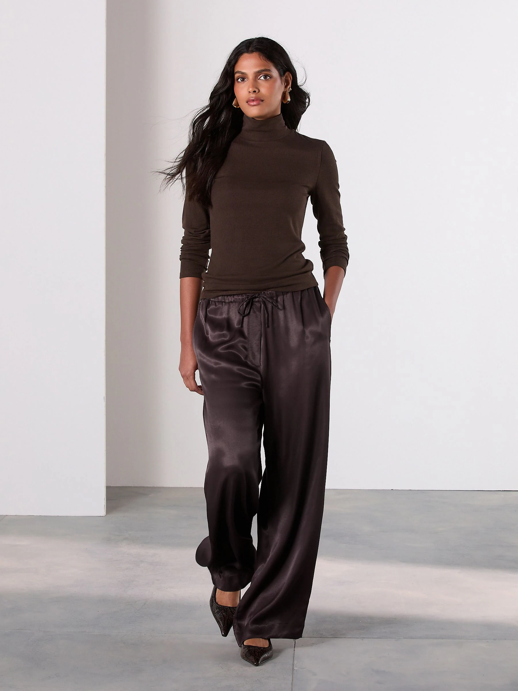 Chocolate Brown High Neck Long Sleeve Top with TENCEL™ Lyocell