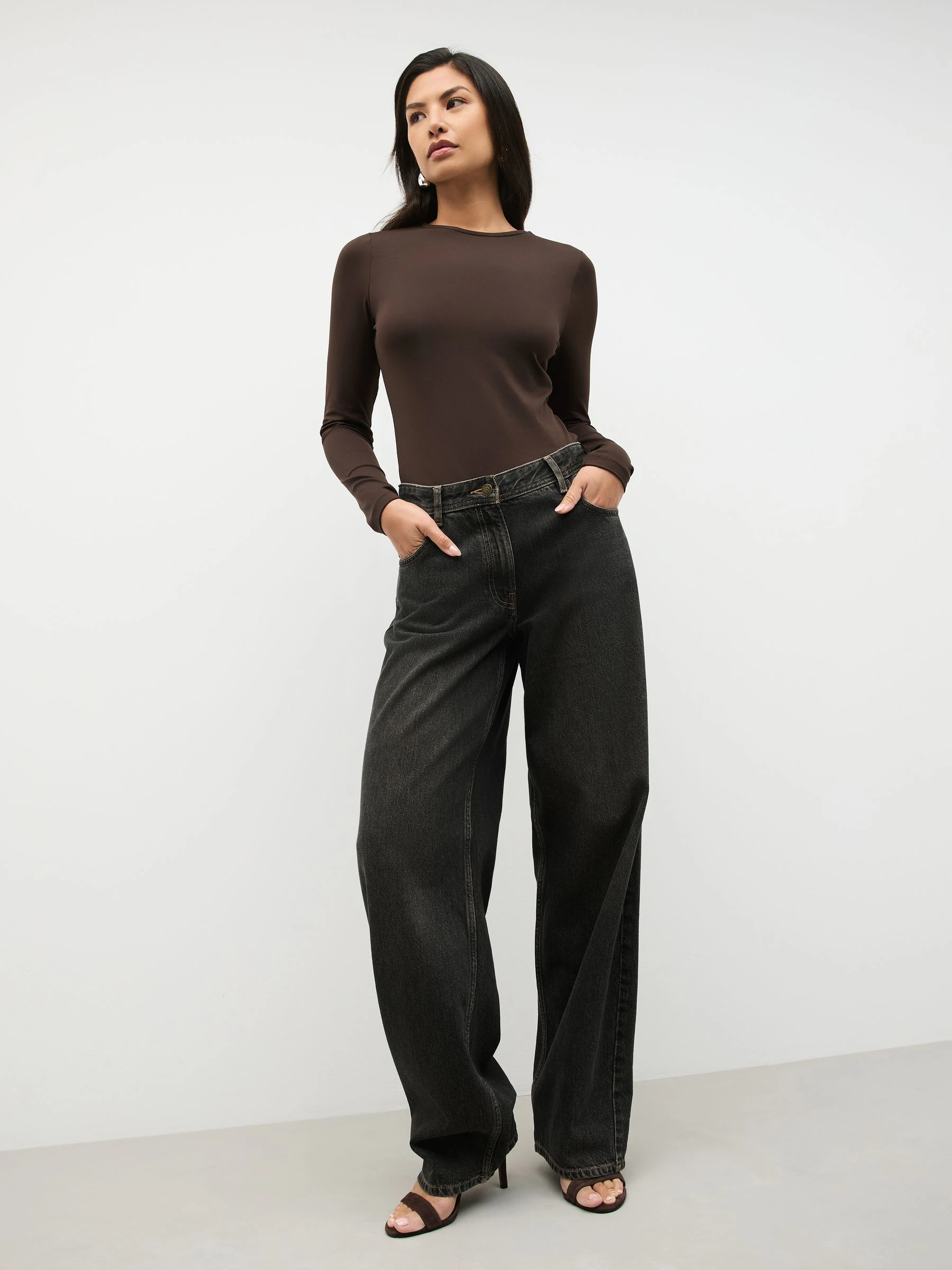 Chocolate Brown Soft Touch Slinky Nylon Crew Neck Long Sleeve Top