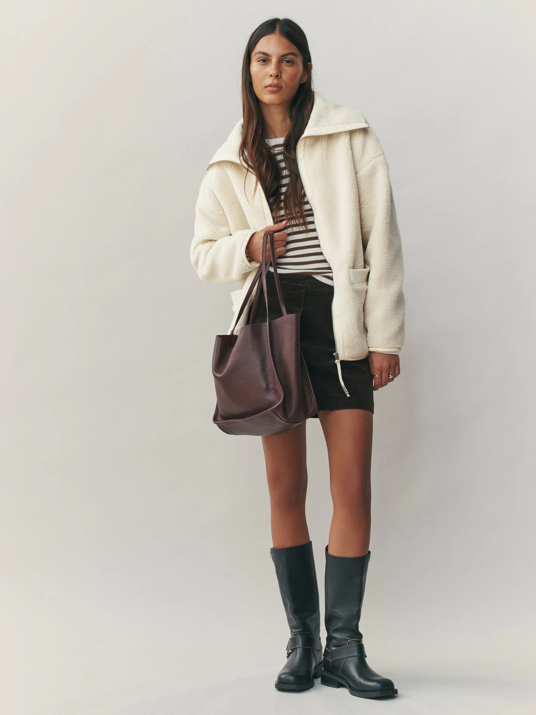 Ecru Borg Zip Through Fleece With Rib Collar