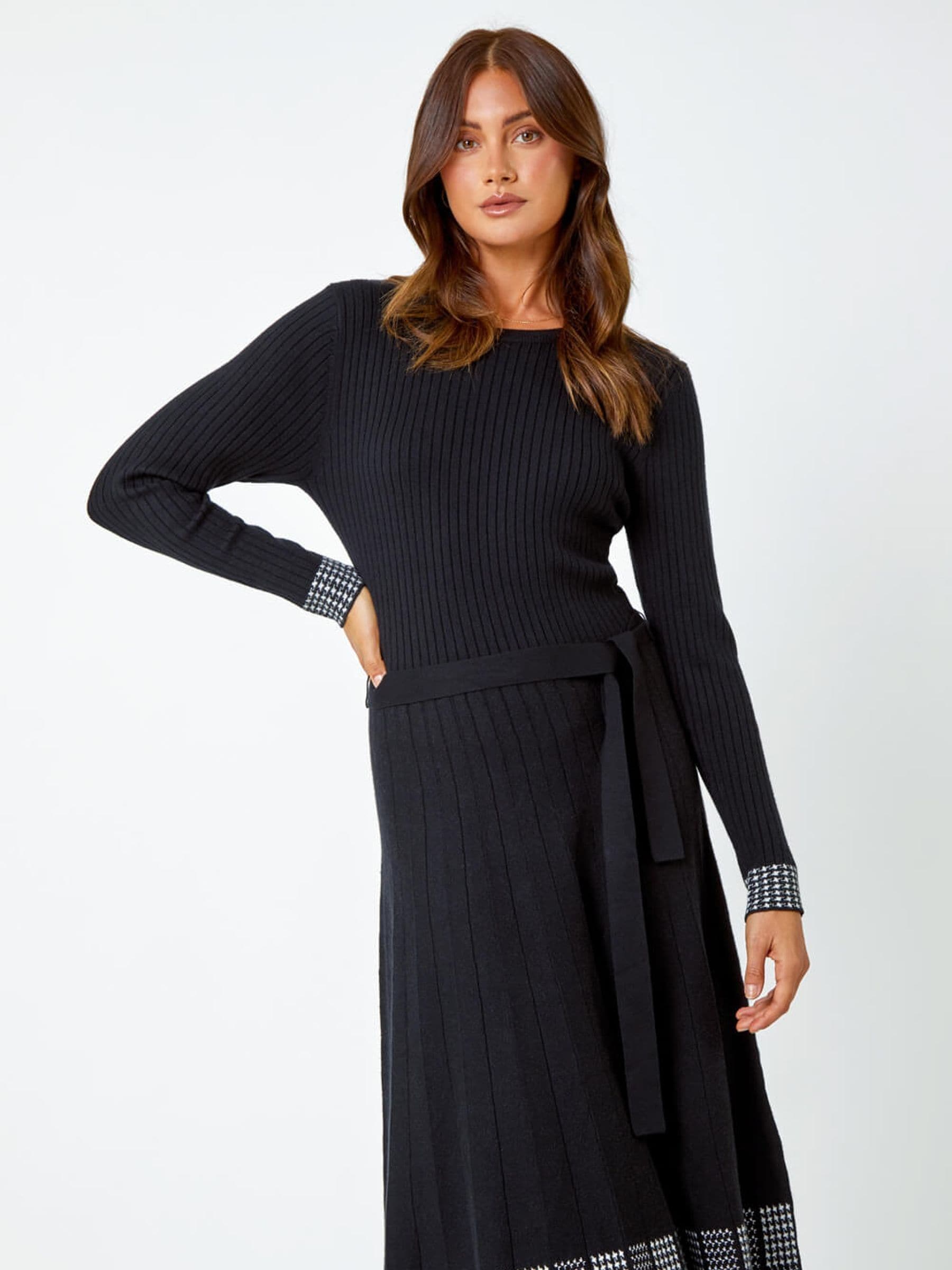 Roman Black Ribbed Stretch Knit Border Print Dress
