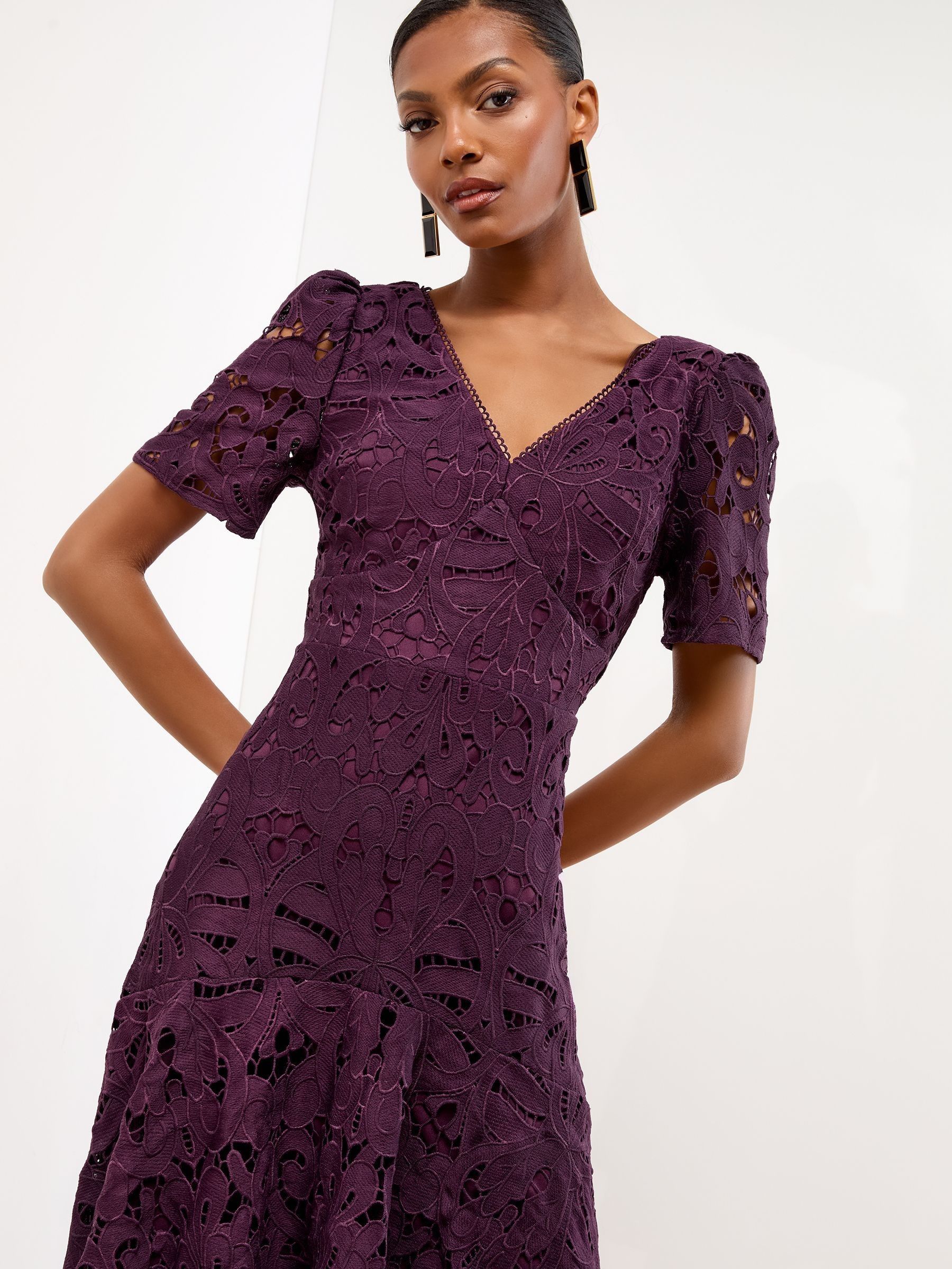 Lipsy Dark Purple Premium Broderie Lace Short Sleeve V Neck High Low Midi Dres