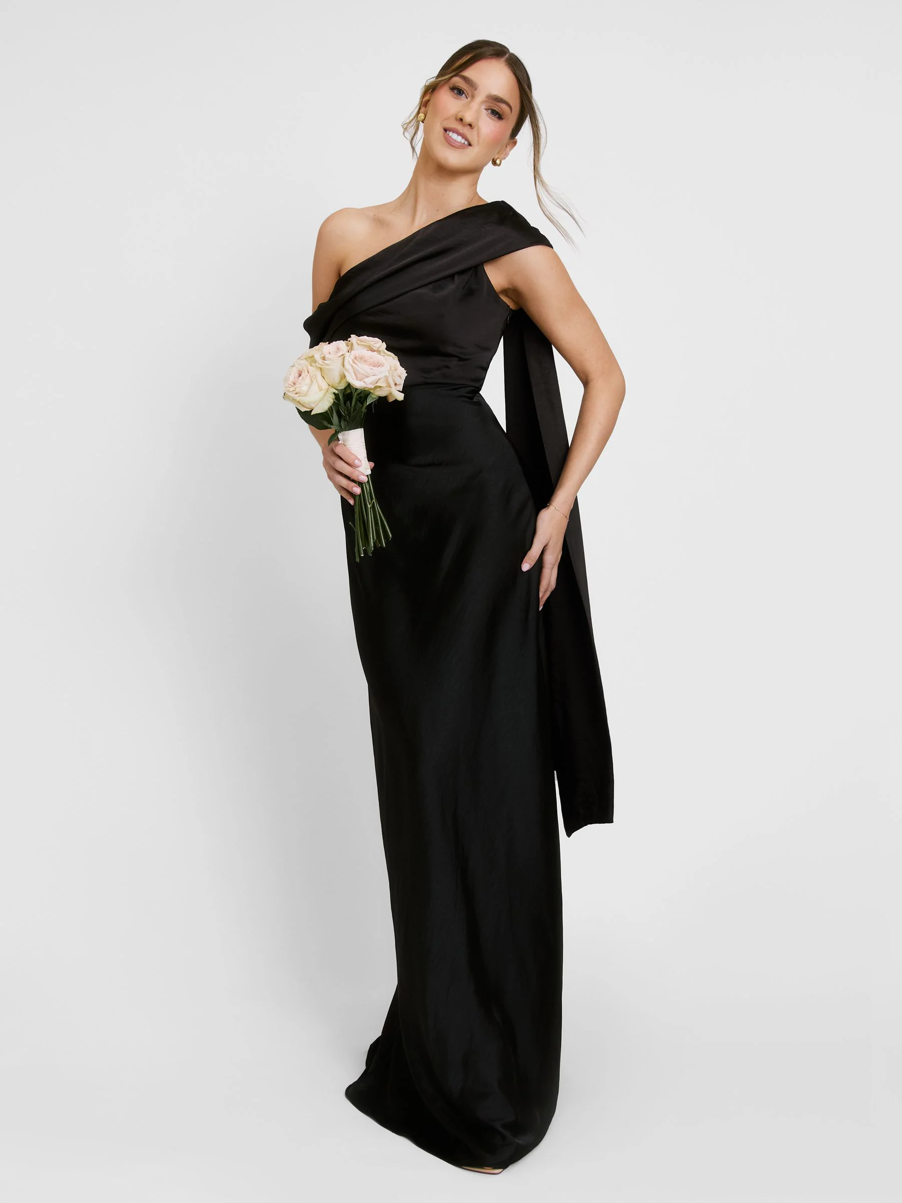 Six Stories Black Drape One Shoulder Bridesmaid Dress
