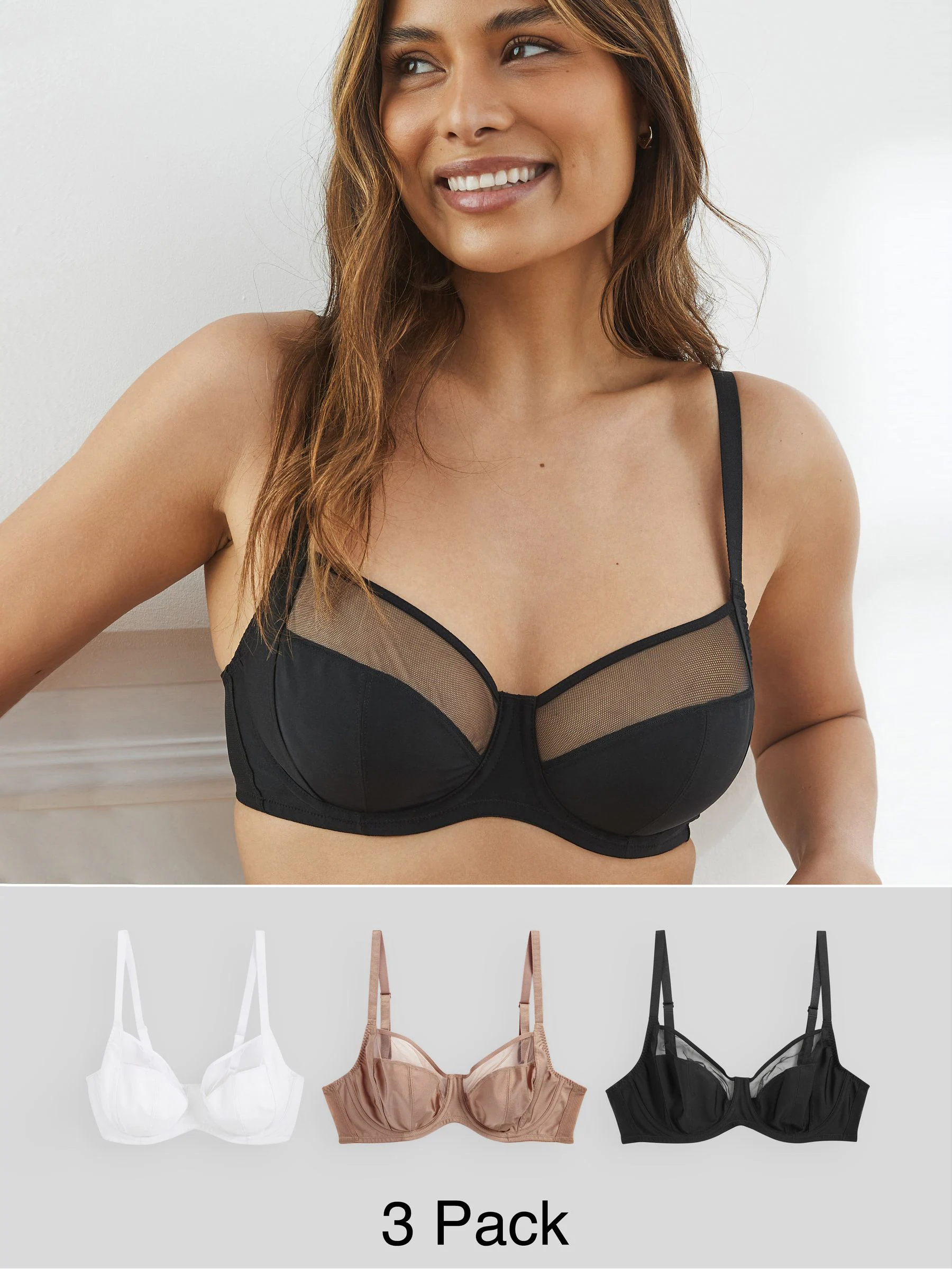 Black/White/Praline Nude DD+ Non Pad Full Cup Bras 3 Pack with Side Support