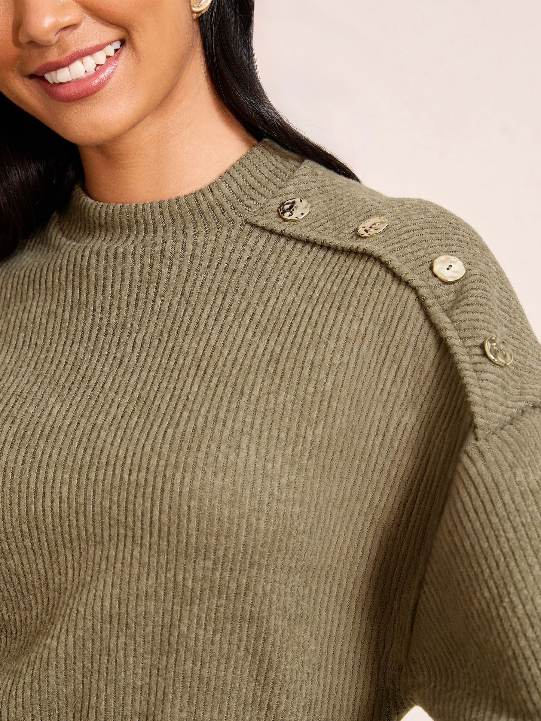 Friends Like These Khaki Green Long Sleeve Button Shoulder Tie Belt Cosy Mini Dress